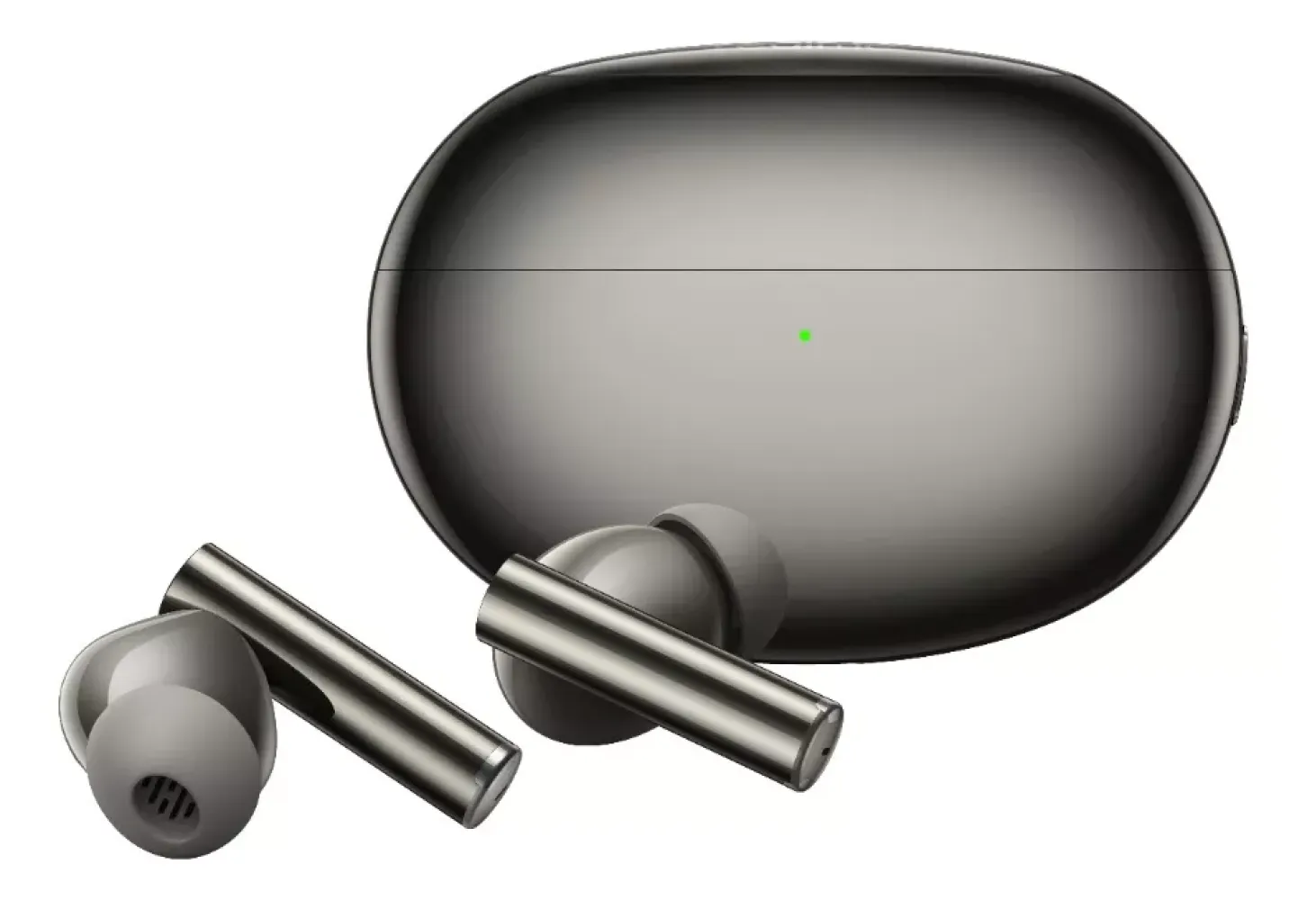 Ein graues kabelloses Ohrhörer-Set und eine Ladebox. Der Koffer ist oval. Zwei Ohrhörer befinden sich neben dem Koffer.