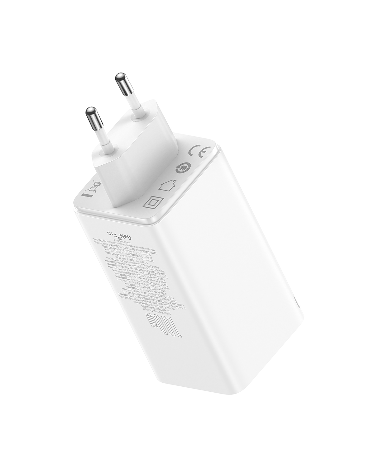 Un caricabatterie bianco Baseus GaN Pro con due spine e un corpo rettangolare. Ha etichette e un marchio CE.