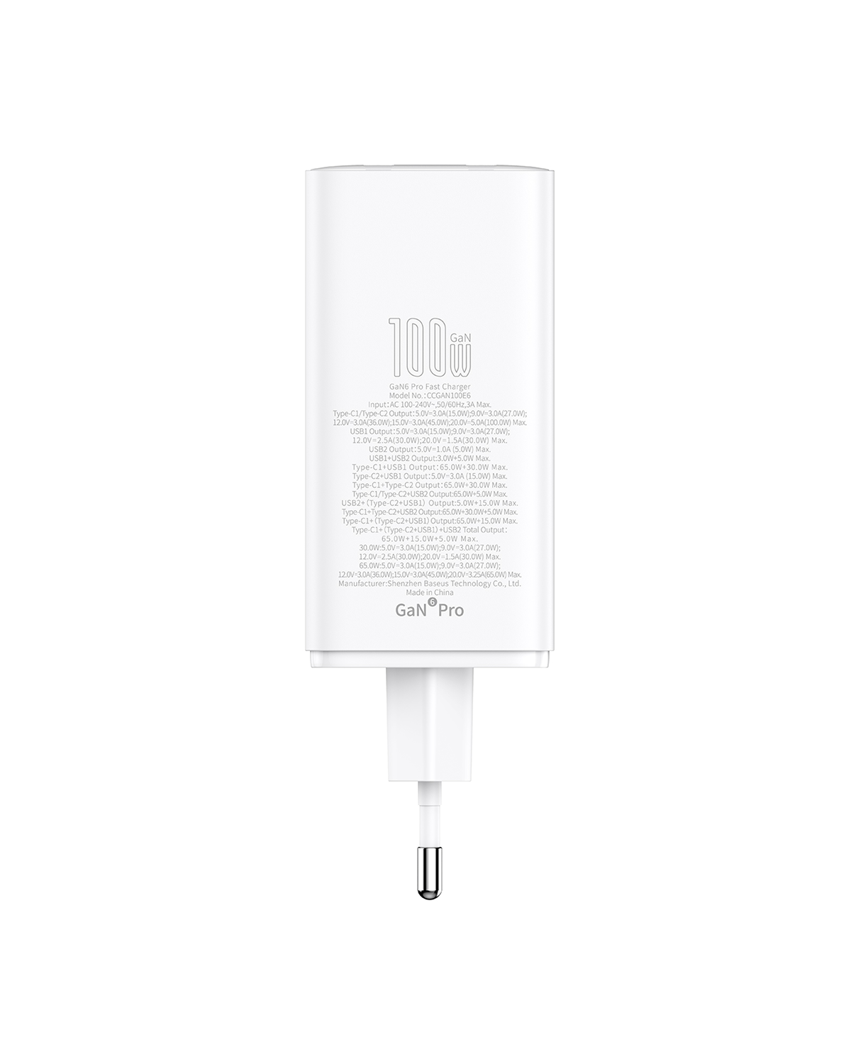 Adattatore di alimentazione bianco con spina. Ha un simbolo '100W' e 'GaN' stampato.
