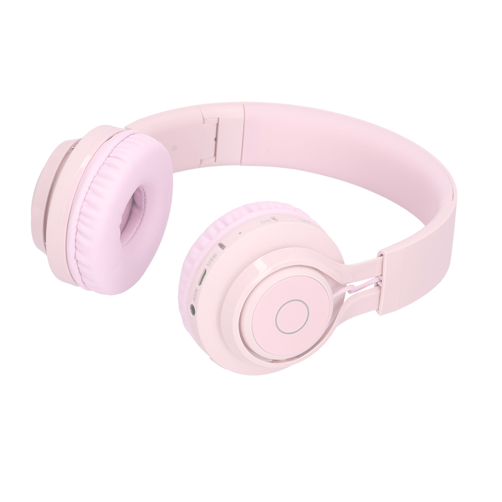 Rosa kabelloser Kopfhörer auf weißem Grund. Ohrmuscheln und Kopfband sind sichtbar. USB- und AUX-Anschlüsse sind vorhanden.