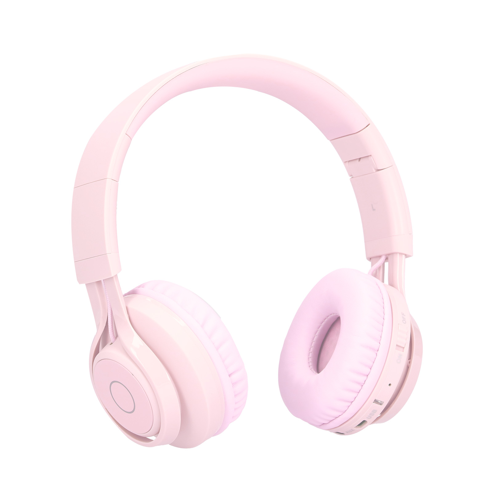 Ein Paar rosa Kopfhörer mit weichen Ohrmuscheln und einem verstellbaren Bügel, isoliert auf weißem Hintergrund.