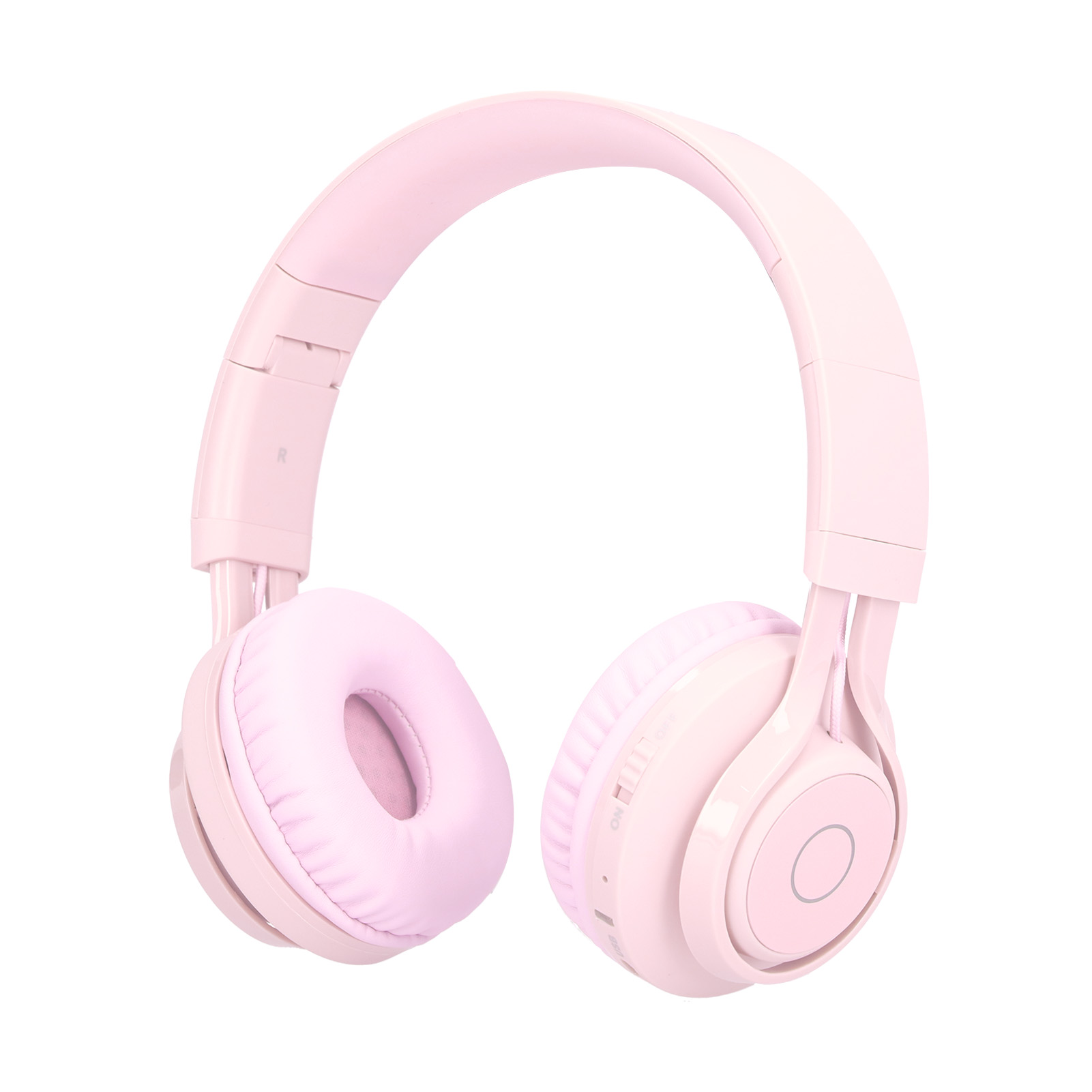 Ein Paar rosa Kopfhörer auf weißem Hintergrund. Die Kopfhörer sind Over-Ear-Stil.