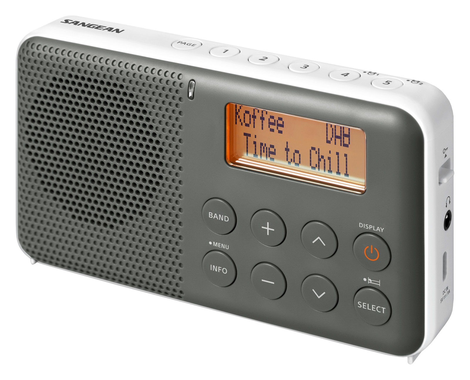 Szaro-białe radio SANGEAN. Wyświetlacz pokazuje 'Koffee' i 'Time to Chill'. Przyciski do wyboru pasma, menu, informacji i wyświetlacza.