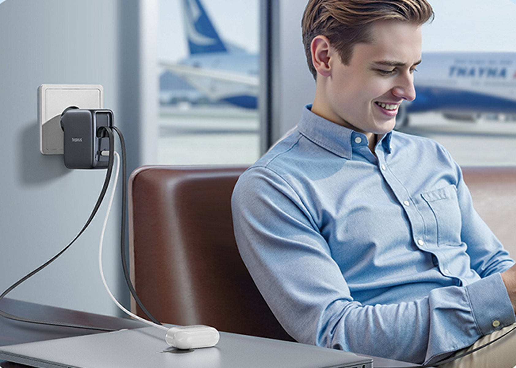 Uomo sorride, carica laptop con adattatore in aeroporto. Aereo visibile sullo sfondo.