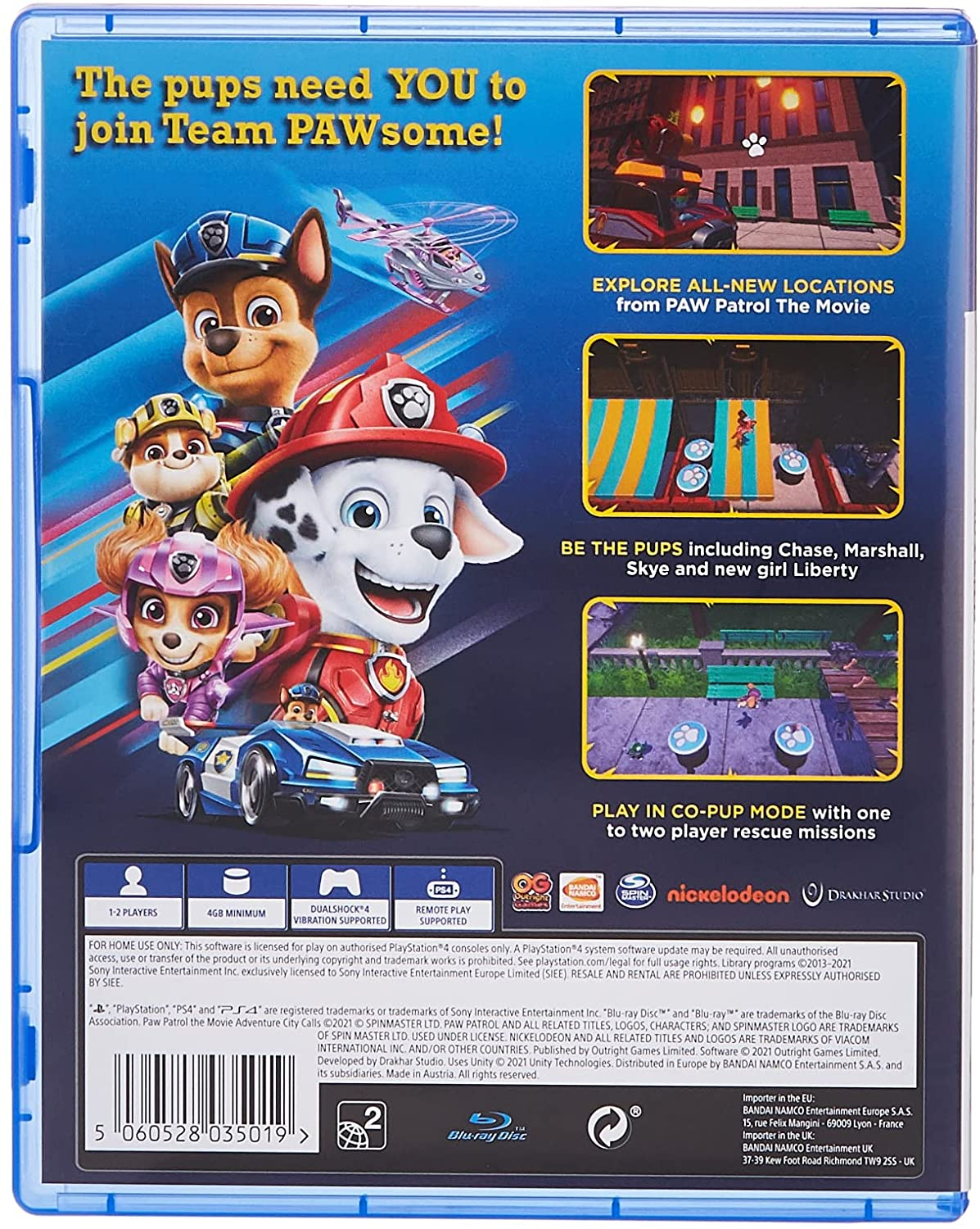 Okładka gry PAW Patrol. Szczeniaki Chase, Marshall, Skye i Liberty. Helikopter i samochód. Budynki w tle.