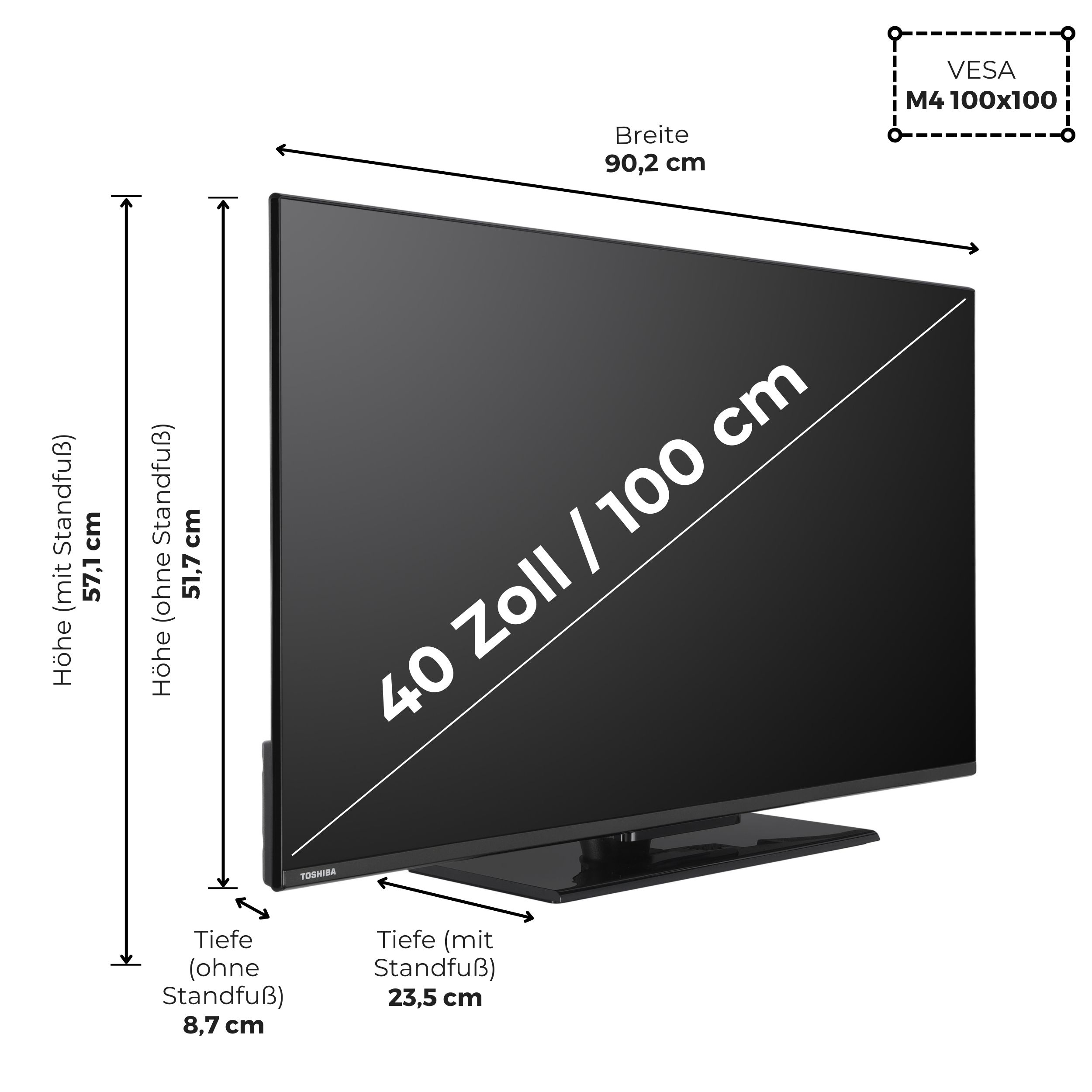 Ein schwarzer Flachbildfernseher mit Größenangaben. Er hat einen Ständer, Abmessungen und VESA-Halterungsinformationen.