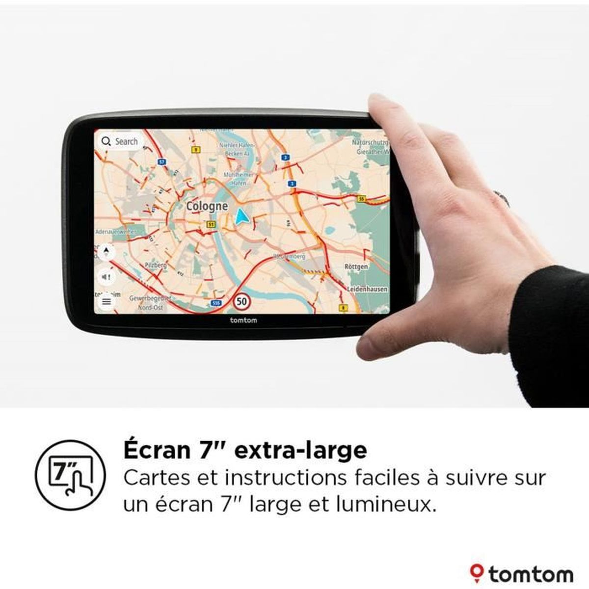 Una mano tiene un GPS TomTom che mostra una mappa di Colonia. Il testo sottostante dice 'schermo extra-large da 7''', con il logo 'tomtom'.