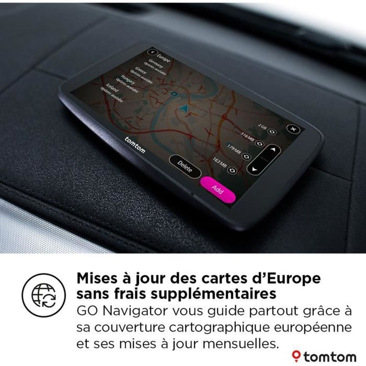 Un GPS TomTom mostra una mappa dell'Europa. Vengono visualizzati i pulsanti per eliminare e aggiungere, più le info di archiviazione.