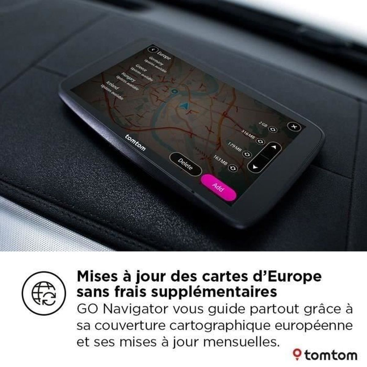 Urządzenie GPS TomTom wyświetla mapę Europy z opcjami dodawania aktualizacji map. Urządzenie znajduje się na teksturowanej czarnej powierzchni.
