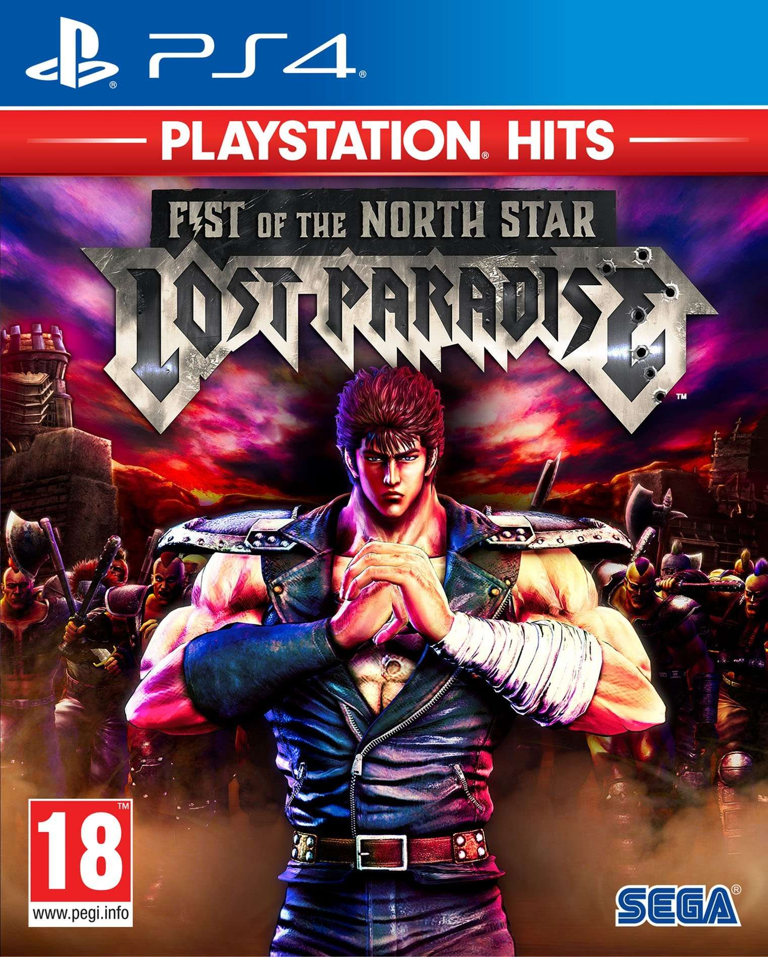 Okładka gry 'Fist of the North Star: Lost Paradise'. Muskularny mężczyzna w skórzanej kurtce przed sceną walki.
