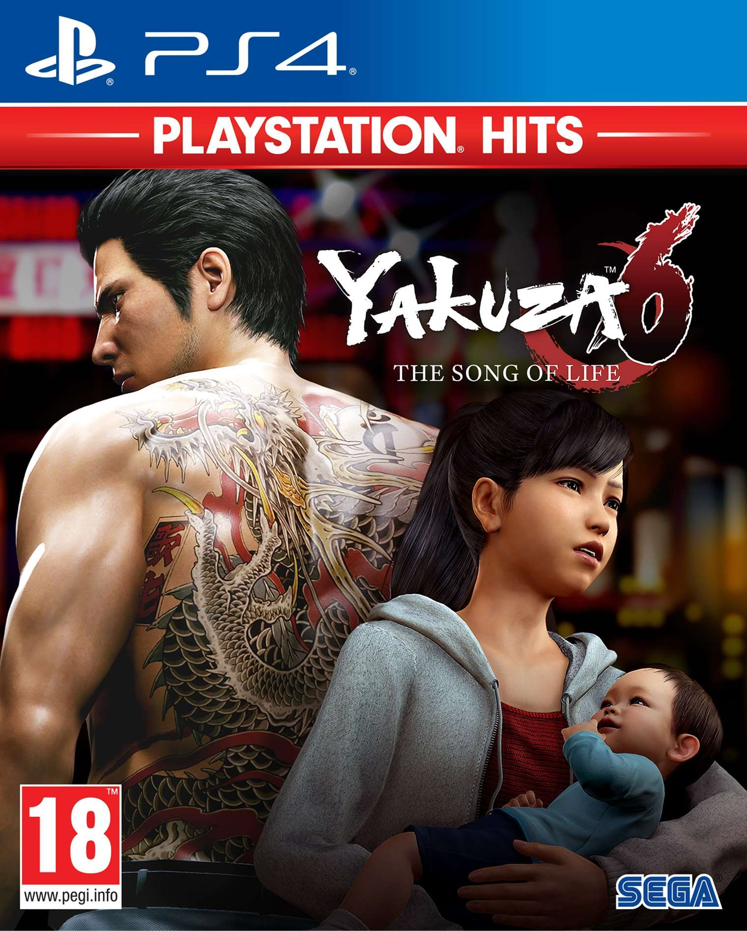 Okładka gry Yakuza 6. Mężczyzna z tatuażem smoka, kobieta trzymająca dziecko. Logo PS4 na górze.