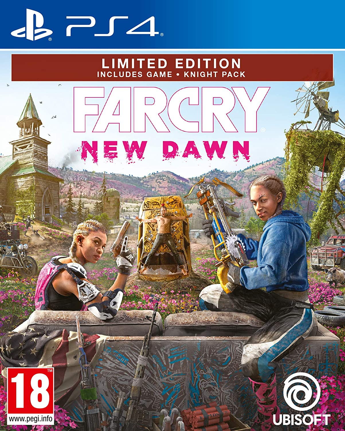 Okładka gry Far Cry New Dawn. Dwie kobiety z bronią. Jedna z pistoletem, druga z kuszą. Tło: kościół i pojazdy.