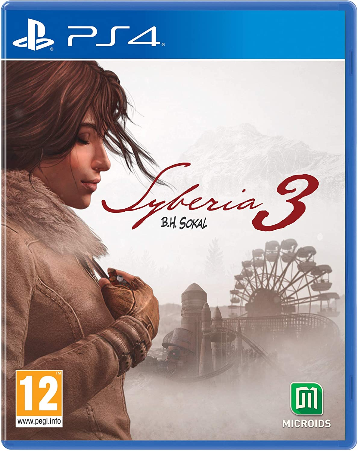 Okładka gry Syberia 3. Kobieta w brązowej kurtce, diabelski młyn, góry i logo gry są widoczne.