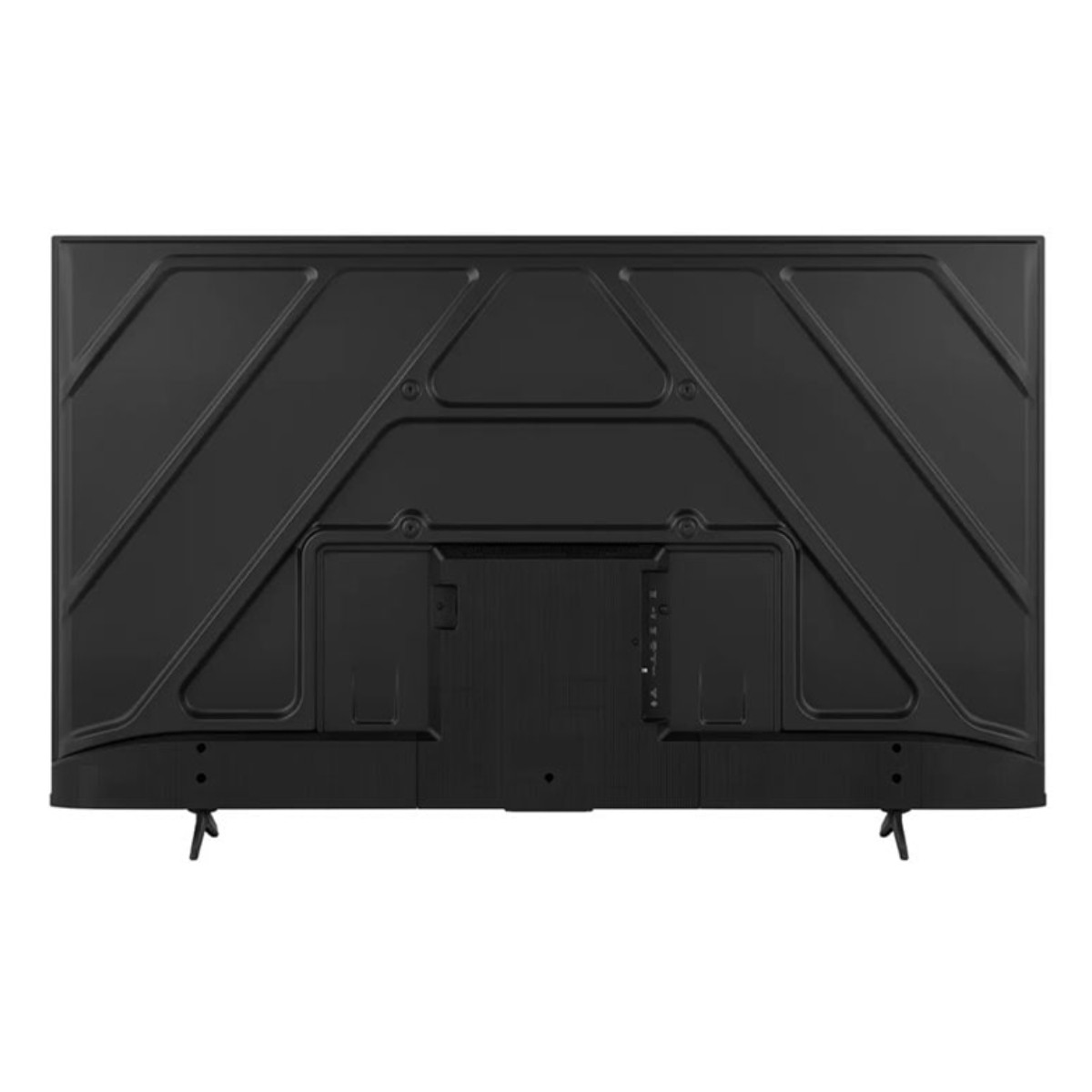 Widok z tyłu czarnego telewizora. Ma geometryczny wzór z tyłu z portami i dwiema małymi nóżkami do podparcia.