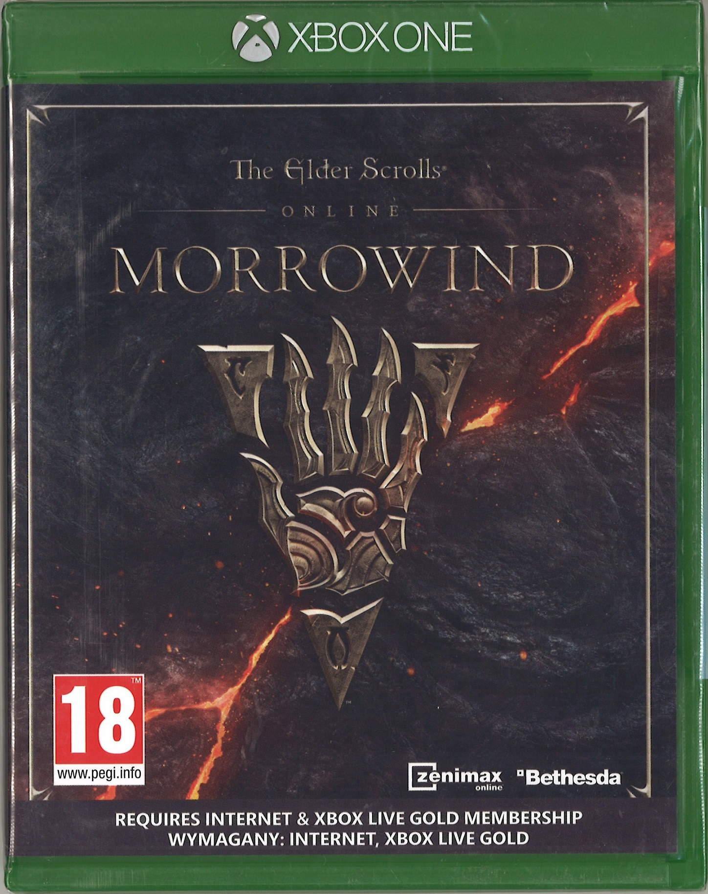 Opakowanie gry Xbox One 'The Elder Scrolls Online: Morrowind'. Zawiera symbol dłoni, ocenę wieku i szczegóły gry.