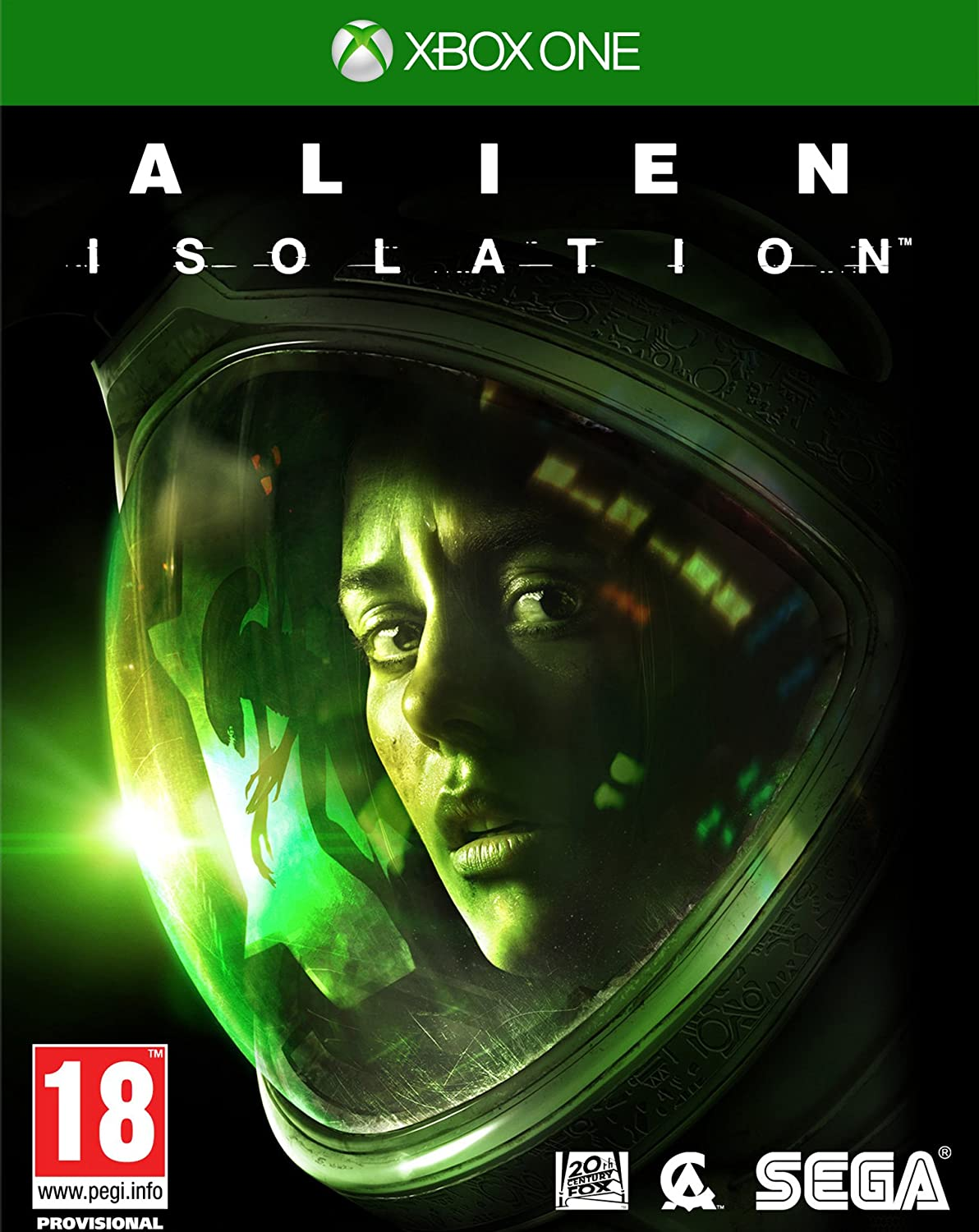Okładka gry Alien Isolation. Przedstawia twarz kobiety w hełmie, w odcieniach zieleni, z tytułem gry u góry i logami na dole.