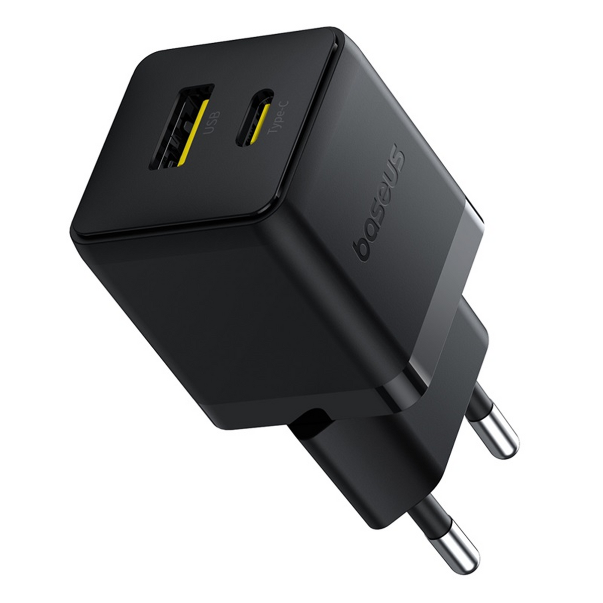 Caricabatterie Baseus nero con porte USB e Type-C. Perni argentati in basso. Logo Baseus visibile.