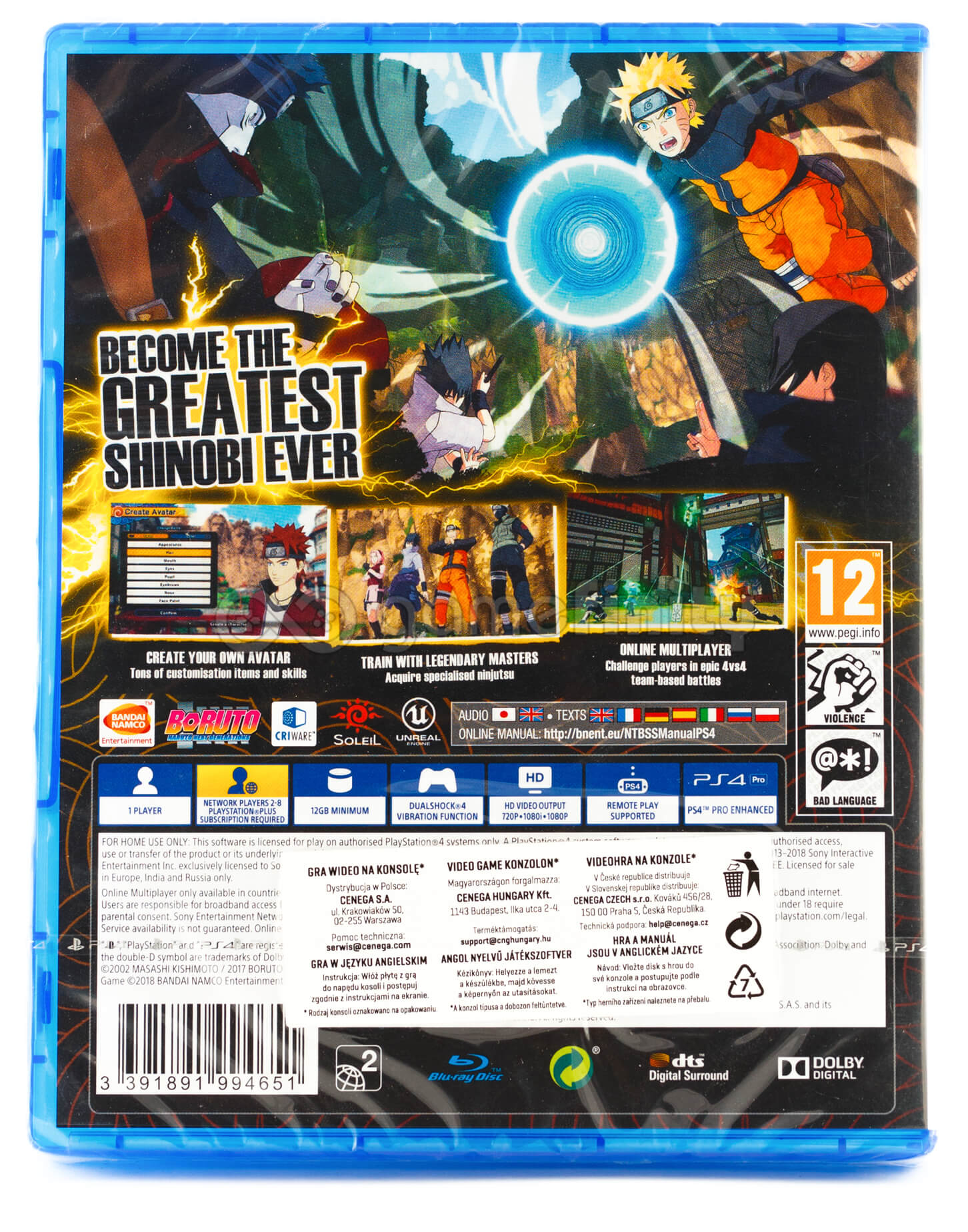 Okładka gry z postaciami z Naruto, tekstem 'Become the Greatest Shinobi Ever' i szczegółami gry.