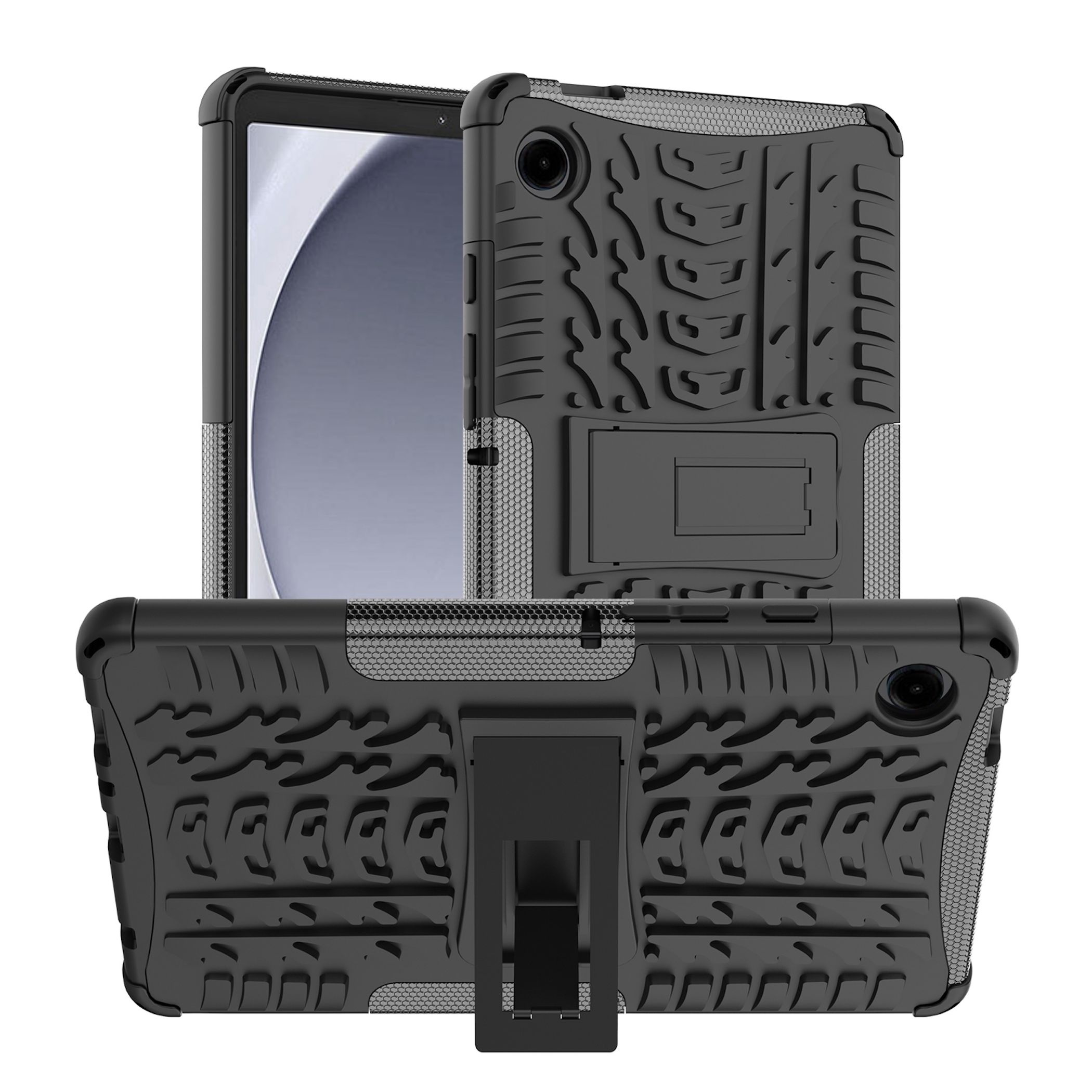 Schwarze Tablethülle mit Ständer. Die Hülle hat ein Reifenprofil. Ein Tablet ist innen sichtbar.