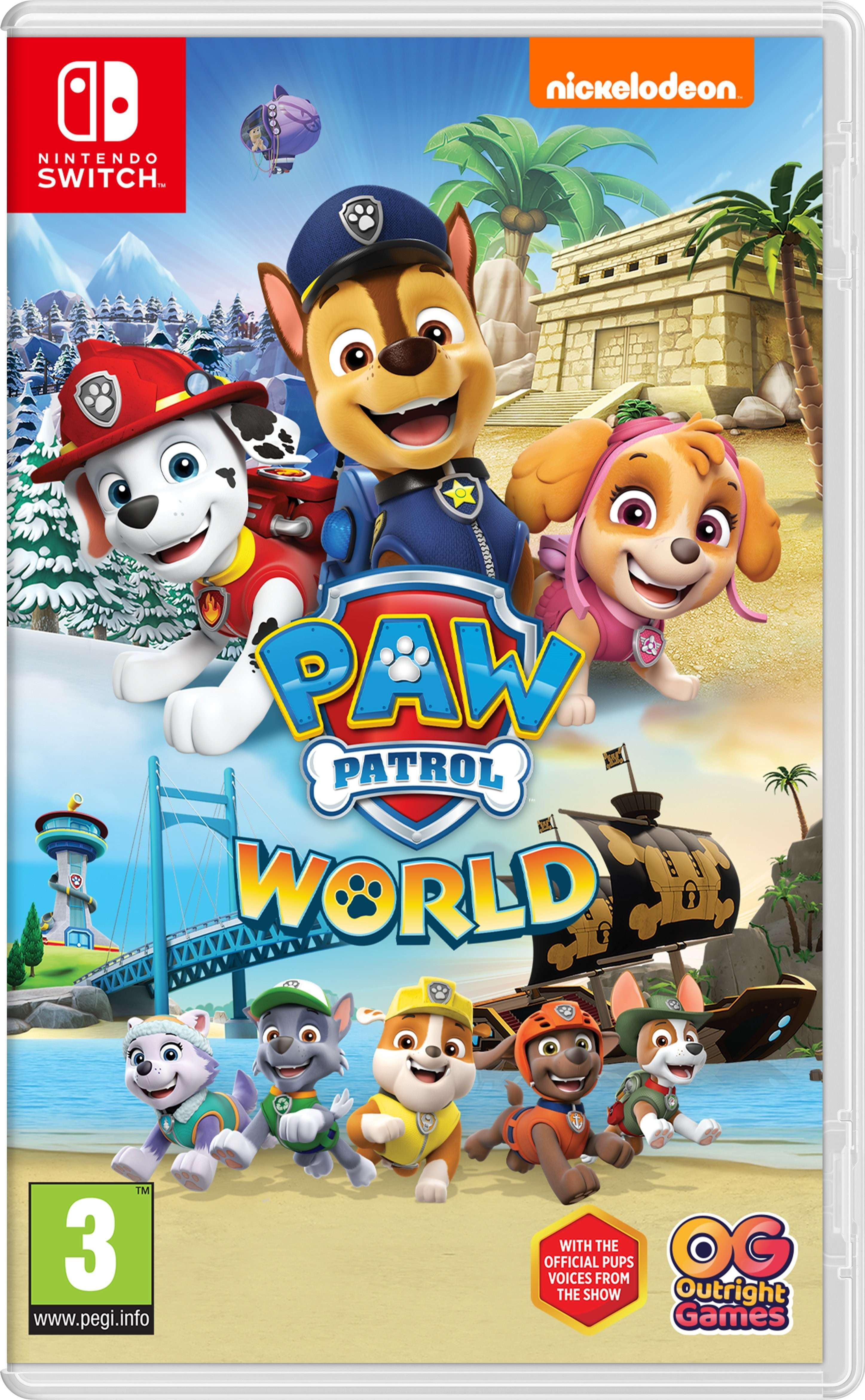 Okładka gry Paw Patrol World. Chase, Marshall, Skye i inne szczeniaki. Kolorowa grafika z logo Nickelodeon.