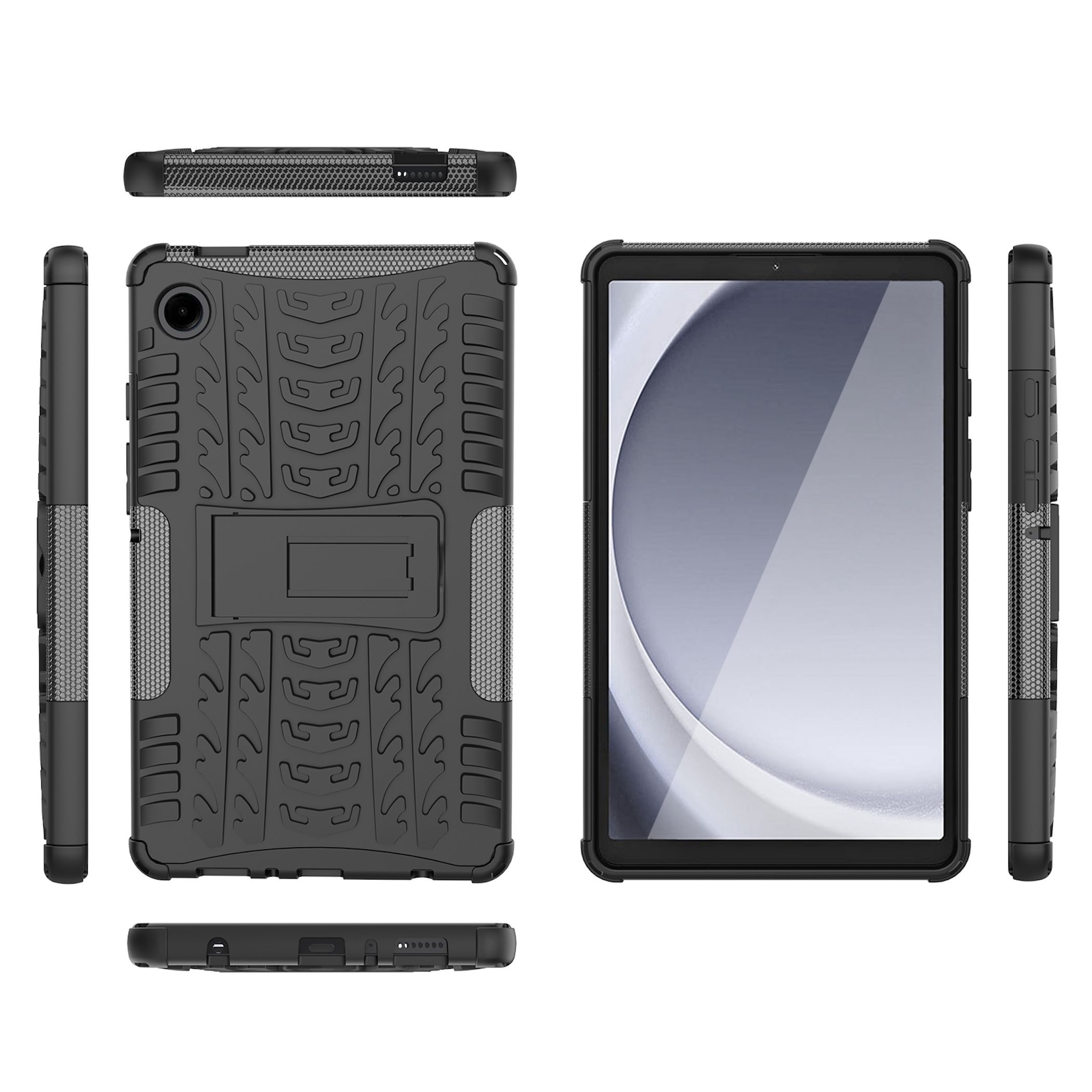 Schwarzes Tablet mit Schutzhülle. Die Hülle hat einen Ständer und ein gemustertes Design. Der Tablet-Bildschirm ist sichtbar.