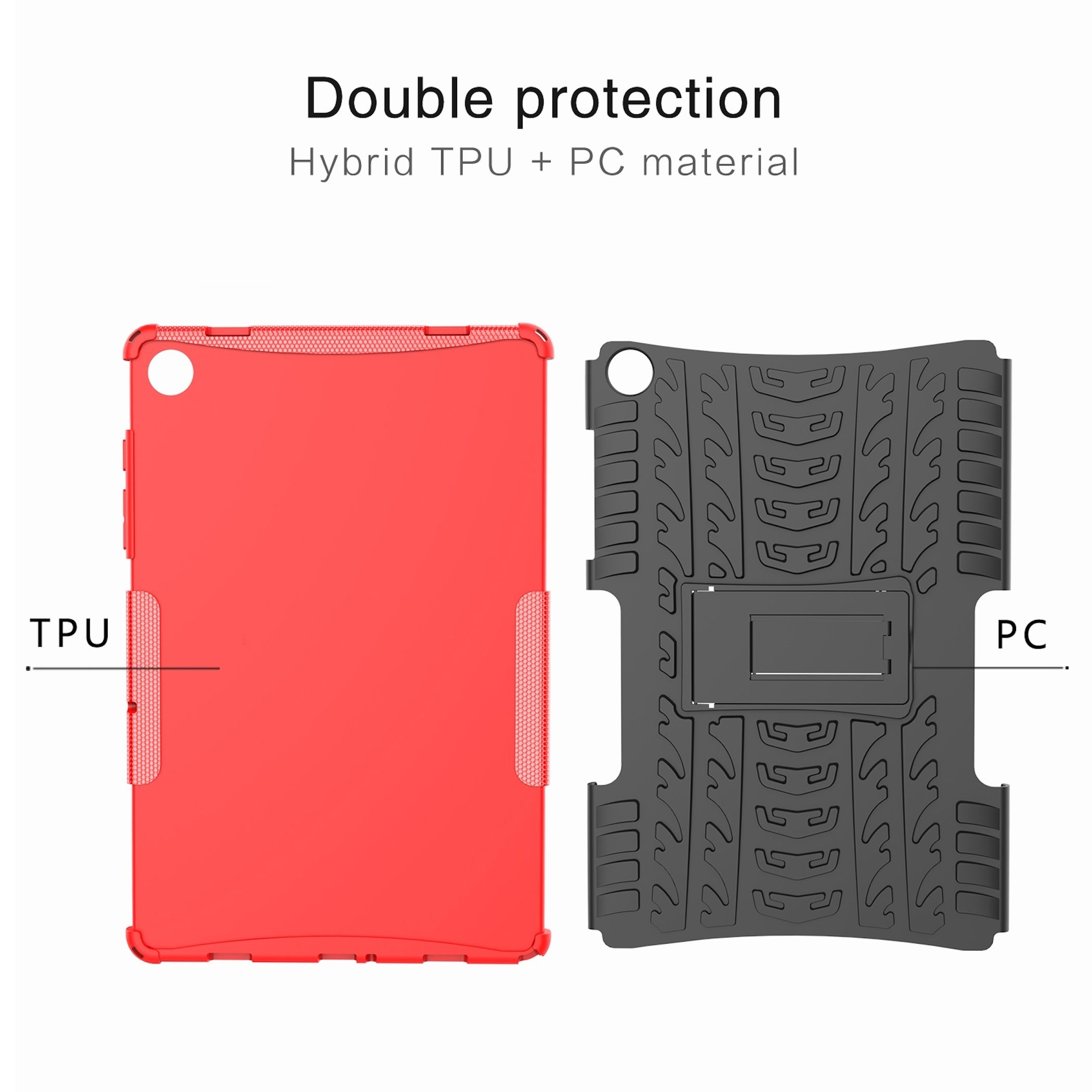 Das Bild zeigt zwei Tablethüllen. Eine rote (TPU), die andere schwarz (PC). Der Text lautet 'Doppelschutz' und 'Hybrid TPU + PC Material'.