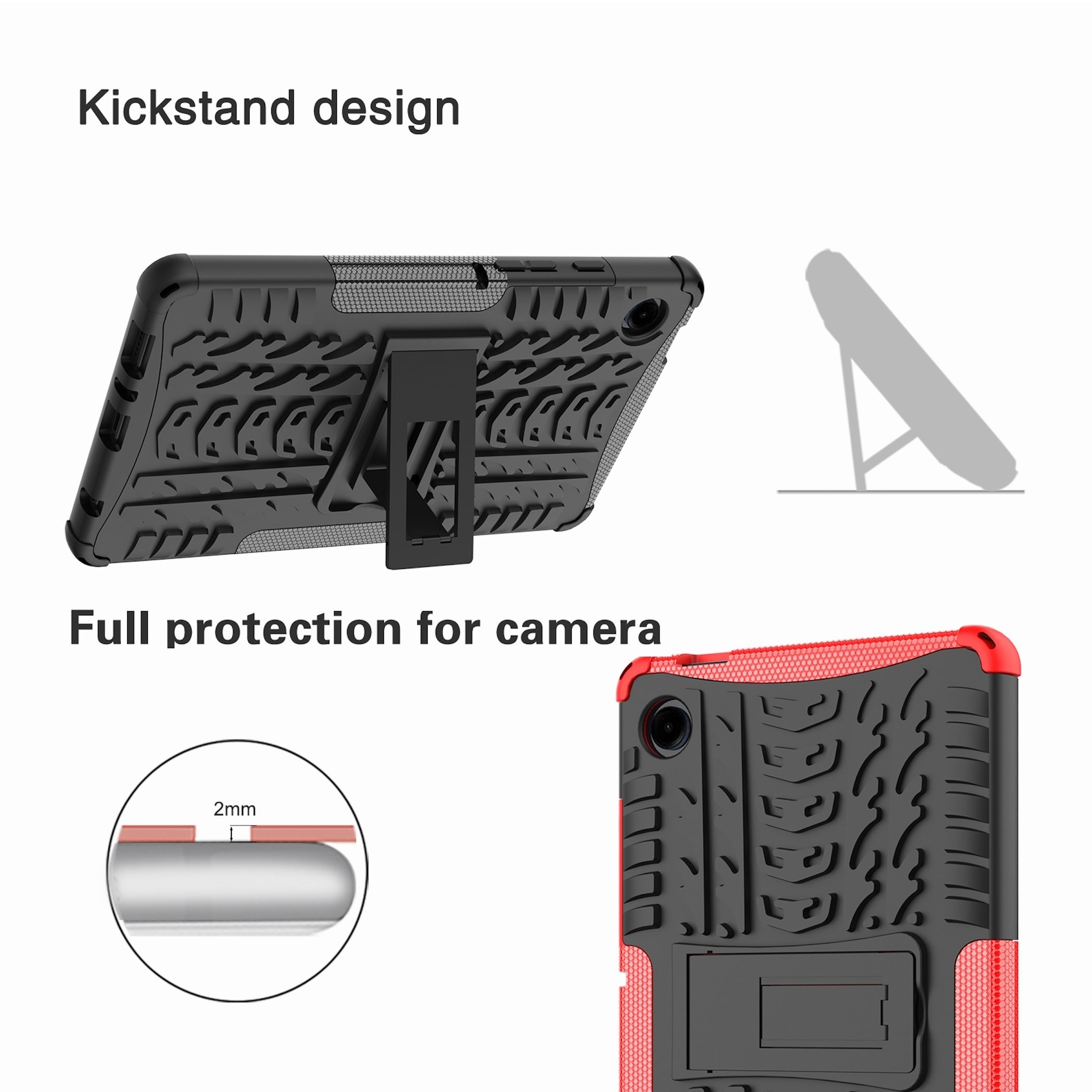 Schwarze Tablet-Hülle mit Ständer und roter Verkleidung. Zeigt vollen Kameraschutz und einen 2-mm-Spalt.