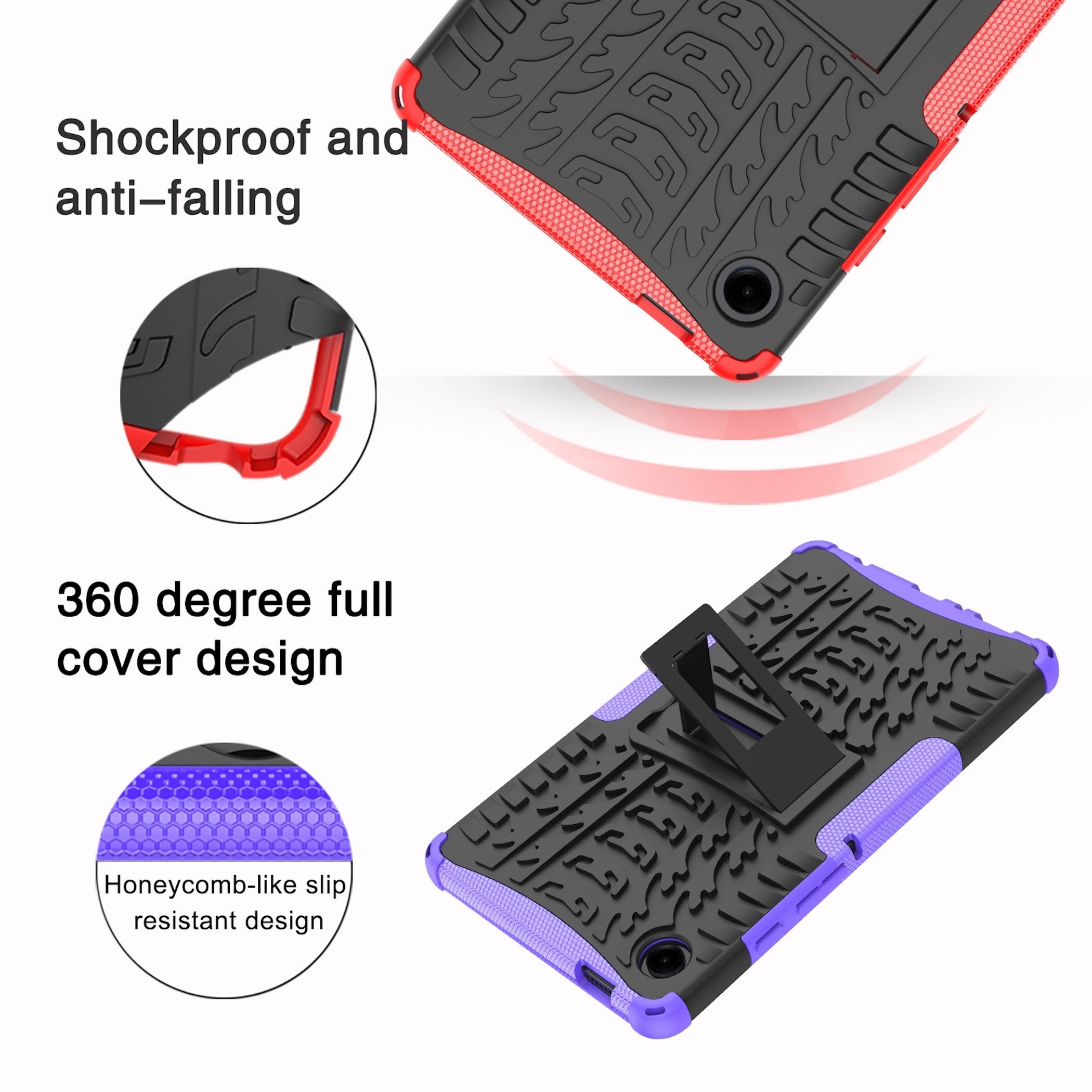 Das Bild zeigt Tablet-Hüllen in Schwarz, Rot und Lila. Zu den Merkmalen gehören stoßfestes Design, vollständige Abdeckung und Wabenstruktur.