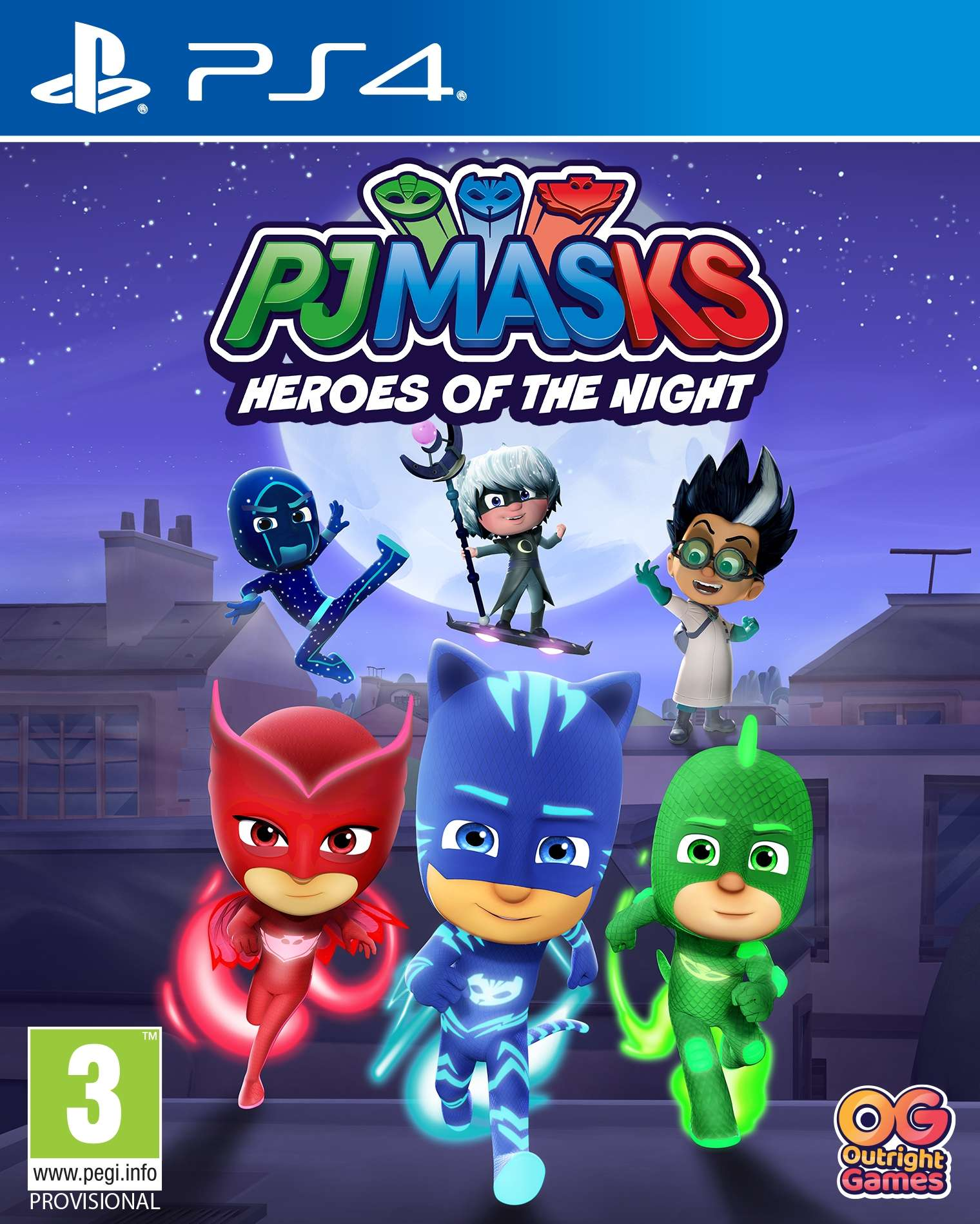 Okładka PJ Masks: Heroes of the Night. Przedstawia postacie w kostiumach, tytuł gry i logo PS4.