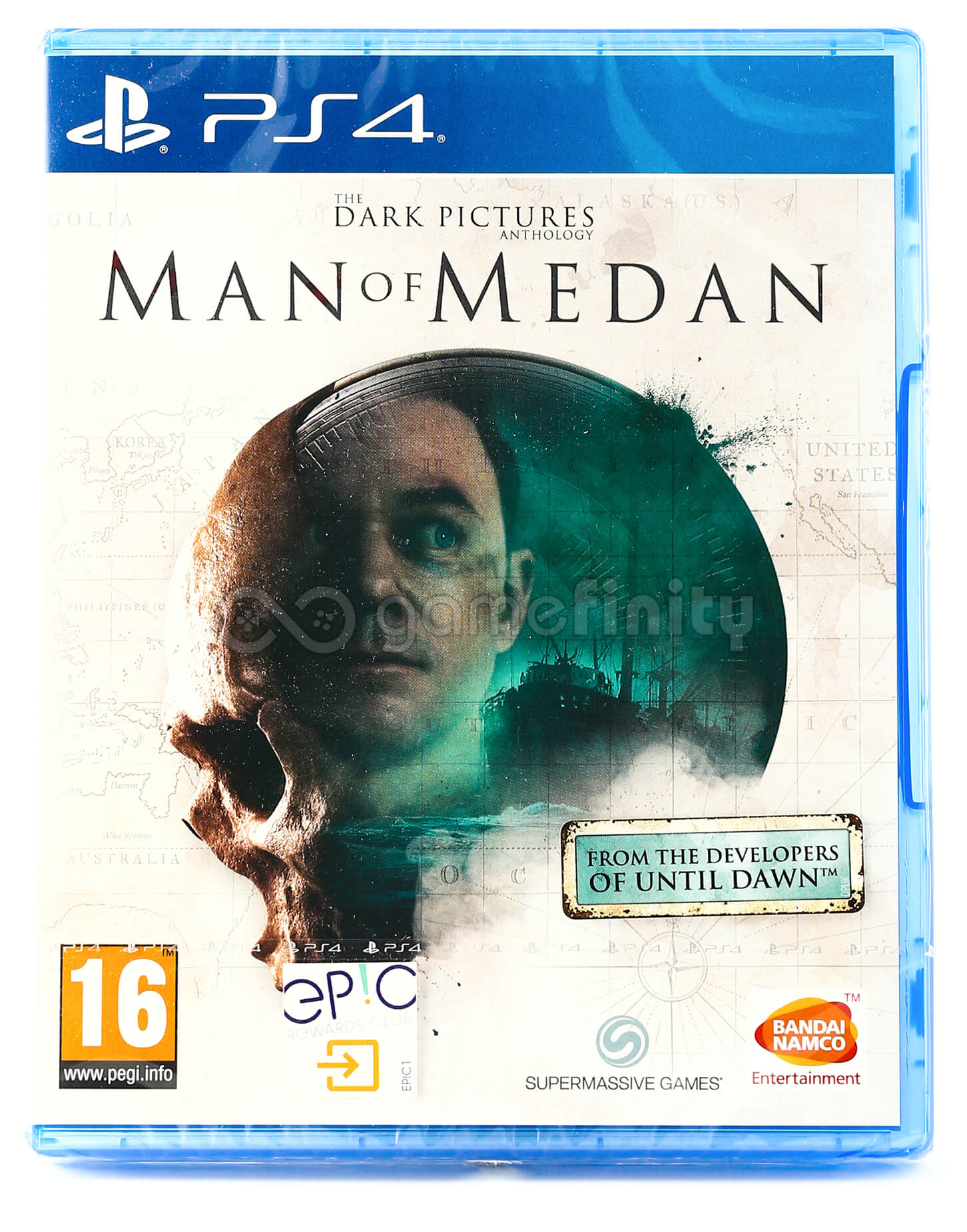 Okładka gry PS4 'Man of Medan'. Czaszka i twarz mężczyzny nałożone. Zawiera loga: PS4, PEGI 16 i 'From the developers of Until Dawn'.