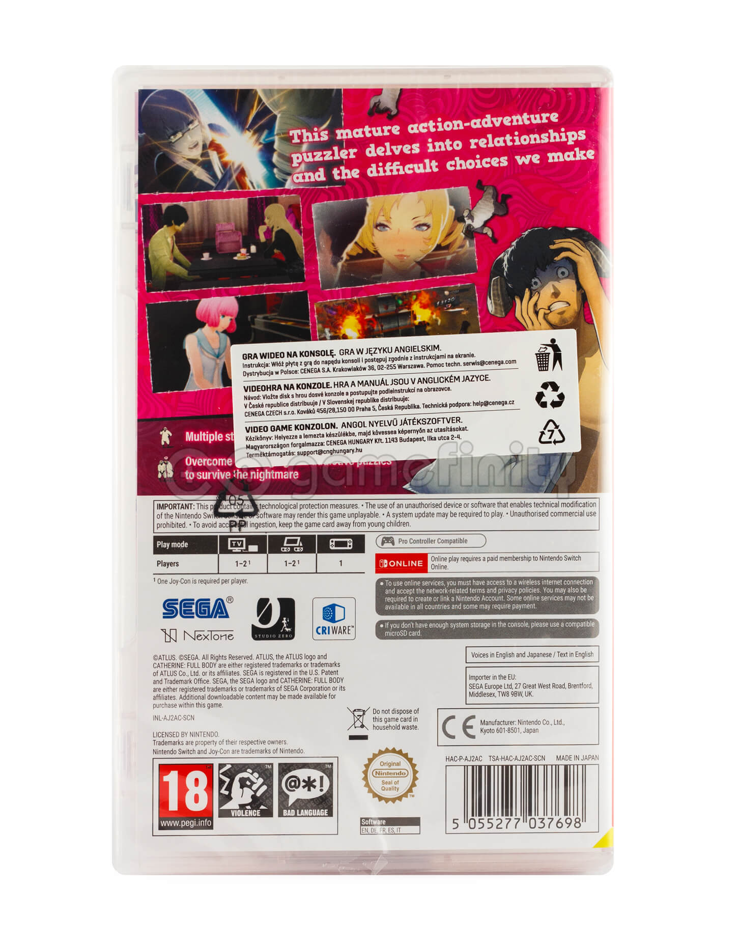 Grafika pudełka z grami z postaciami w stylu anime, tekstem i logo. Różowo-czarna kolorystyka ze szczegółami.