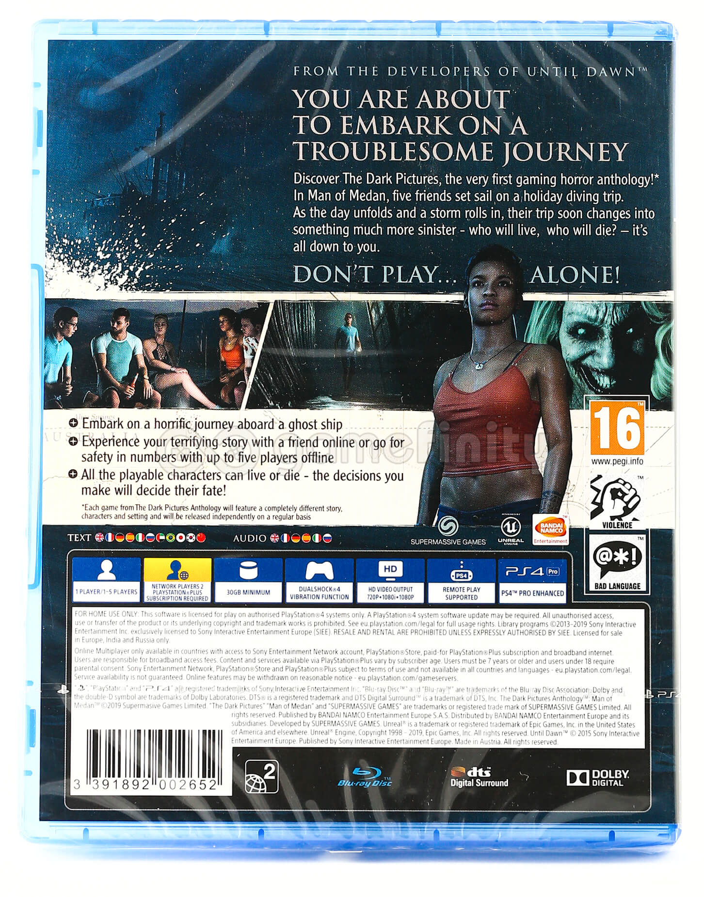 Pudełko z grą z okładką: kobieta, tekst i twarze. Z tytułem gry i klasyfikacją wiekową.