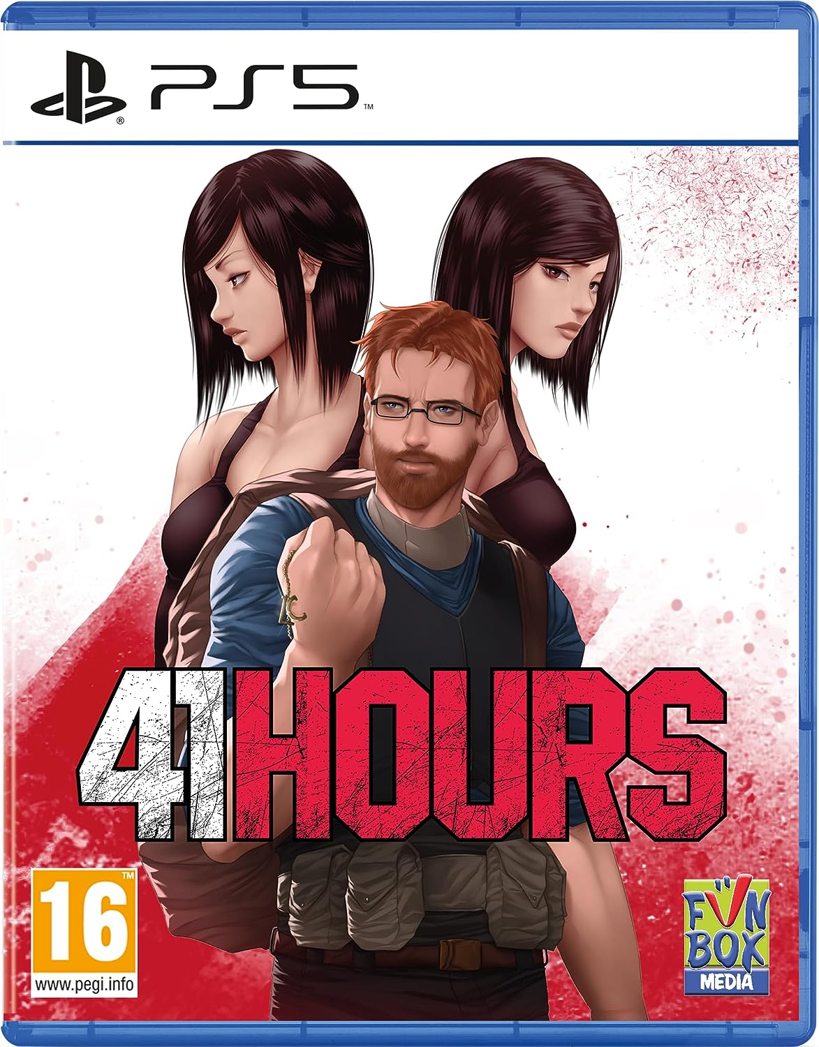Okładka gry z mężczyzną, dwiema kobietami i tytułem '41 Hours'. Logo PS5 u góry. Kategoria PEGI 16. Logo Fun Box Media.
