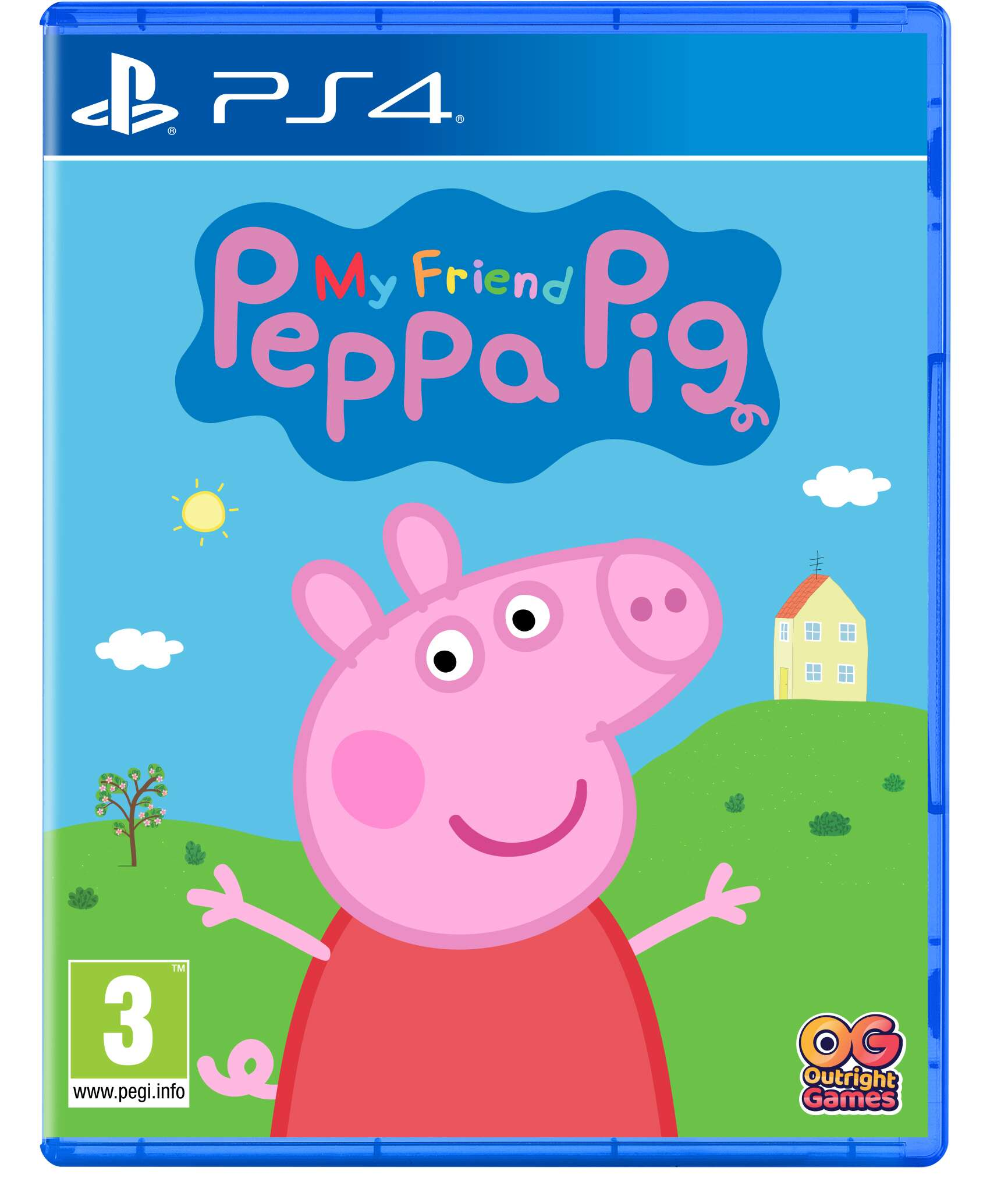 Pudełko z grą Peppy. Peppa Pig uśmiecha się przed błękitnym niebem z domem i słońcem.