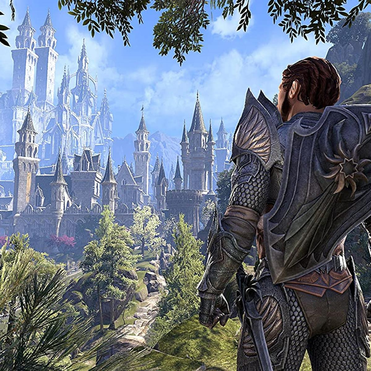 Rycerz w zbroi patrzy na zamek z wieżami. Drzewa i góry w tle pod błękitnym niebem.