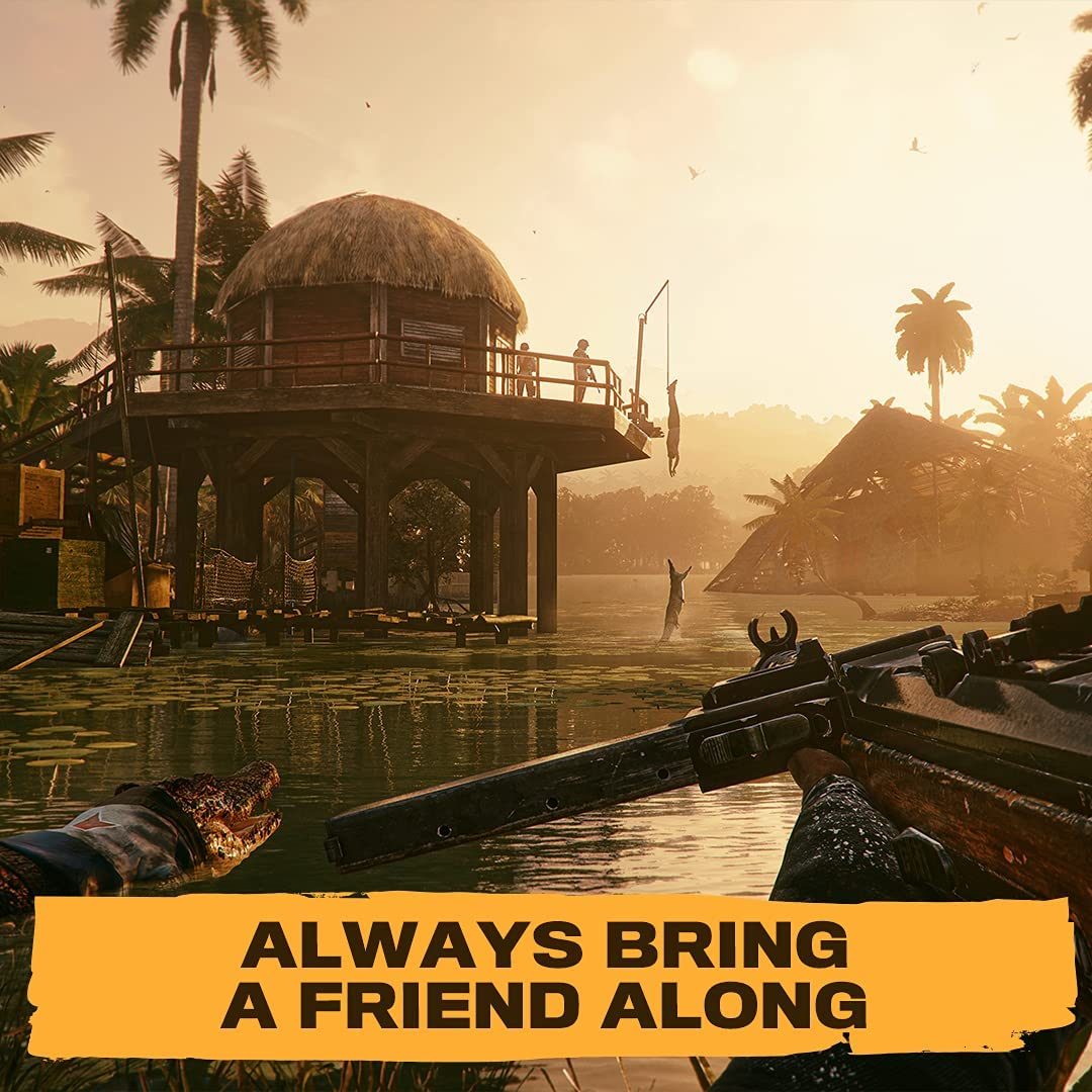 Tropikalna scena z chatą na palach. Osoba celuje z karabinu. Krokodyl w wodzie. Tekst: Zawsze zabieraj ze sobą przyjaciela.