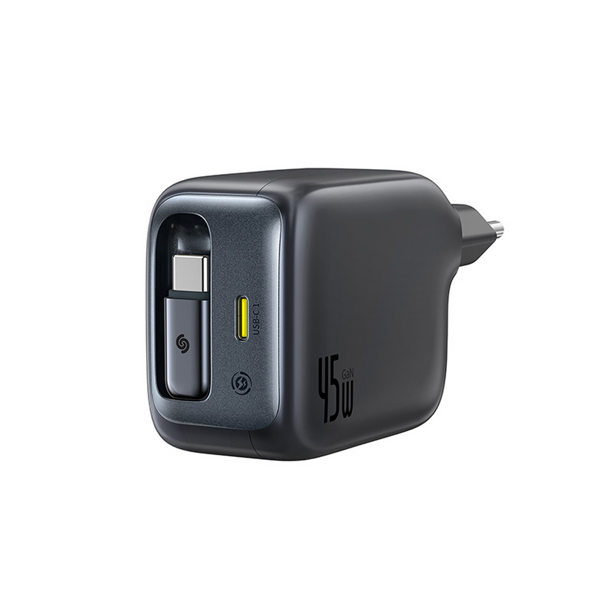 Un caricatore USB-C nero e grigio. Presenta una porta USB-C, un indicatore di carica e la scritta '45W'.