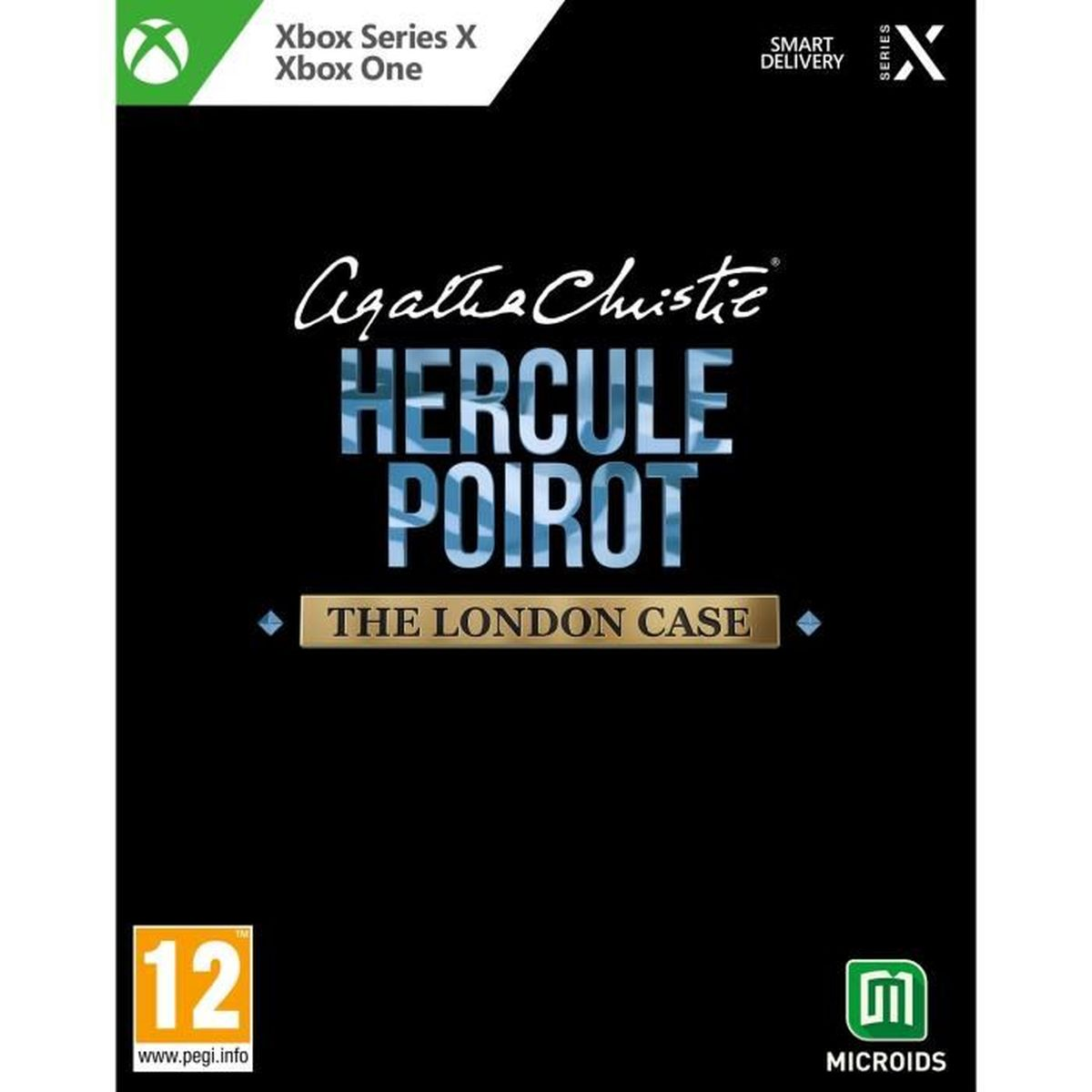 Okładka gry 'Agatha Christie Hercule Poirot: The London Case'. Zawiera tytuł gry, logo Xbox i oznaczenie wieku na czarnym tle.