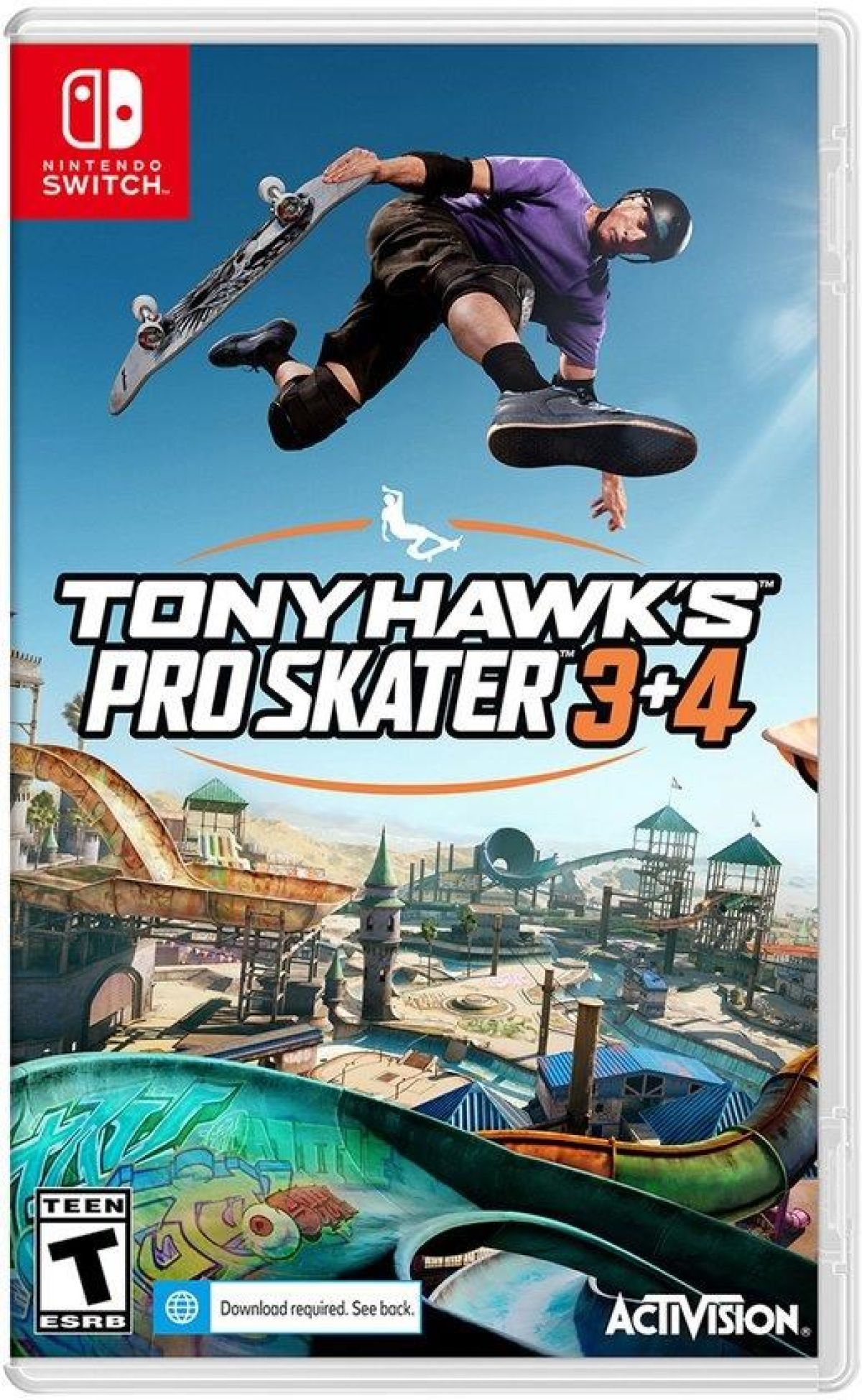 Copertina del gioco Tony Hawk's Pro Skater 3+4. Skater a mezz'aria sopra lo skate park. Logo Nintendo Switch in alto a sinistra.