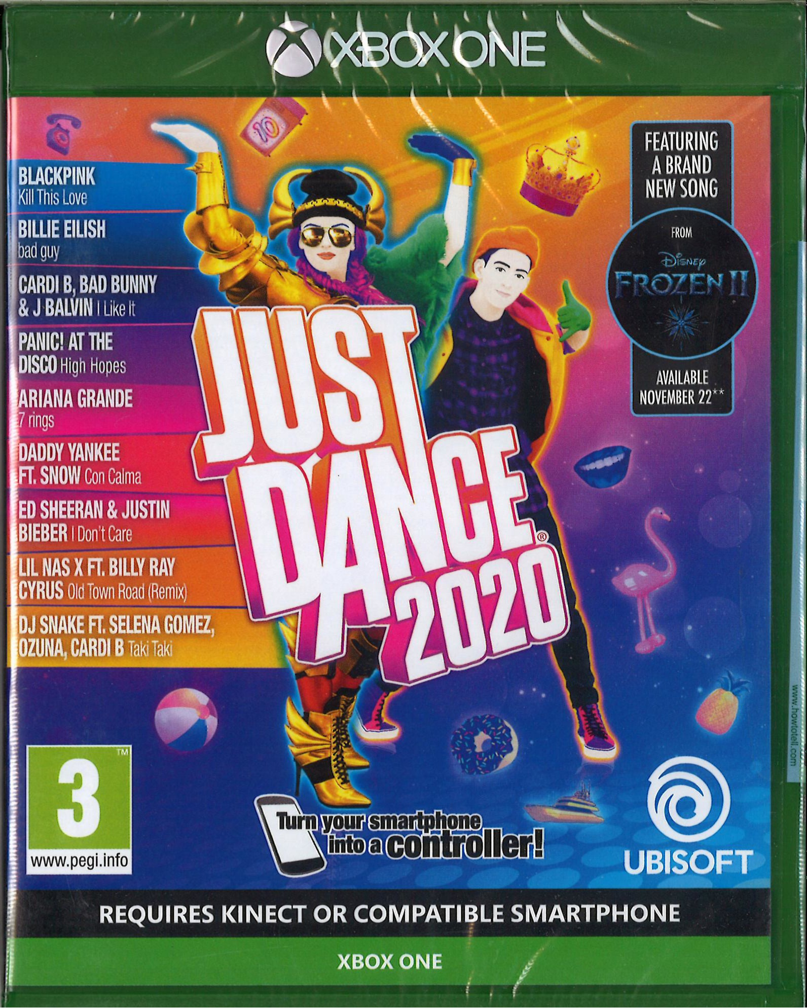 Okładka gry Just Dance 2020. Zawiera tancerzy, tytuł gry, listę piosenek i promocję Frozen II.