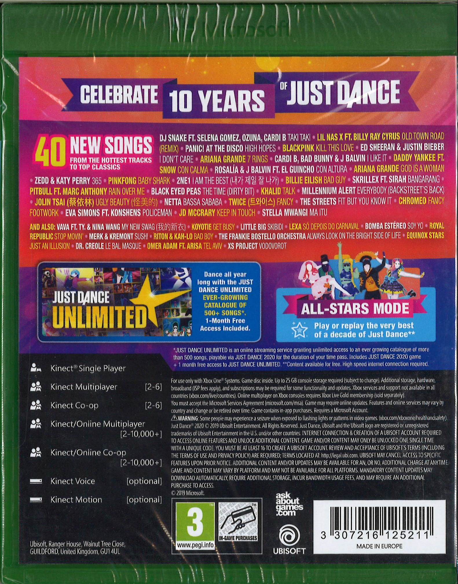 Pudełko z grą Just Dance Unlimited. Zawiera listy piosenek, funkcje Kinect i logo Ubisoft.