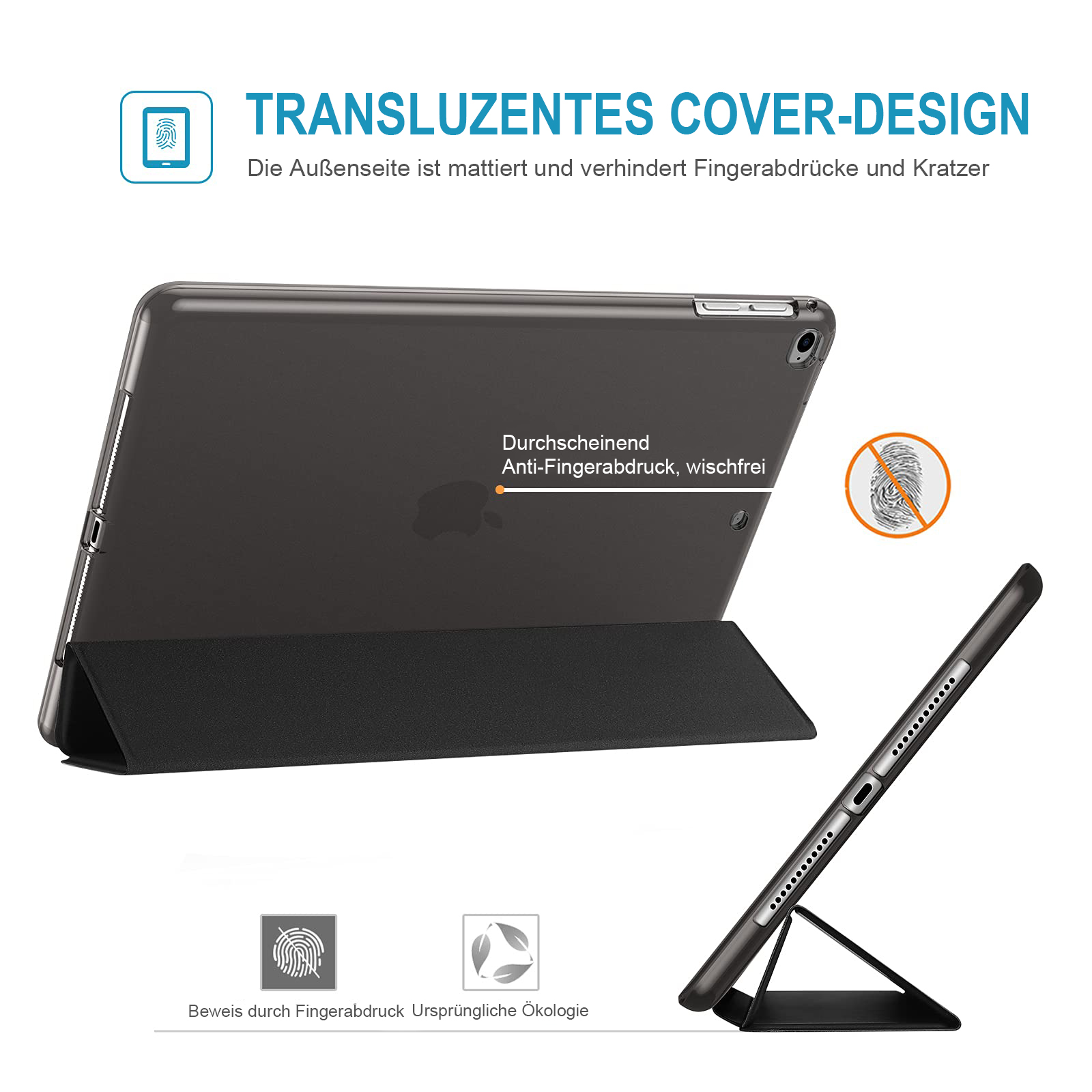 Ein Tablet in einer Hülle. Die Hülle ist schwarz. Der Text oben lautet: TRANSLUZENTES COVER-DESIGN.