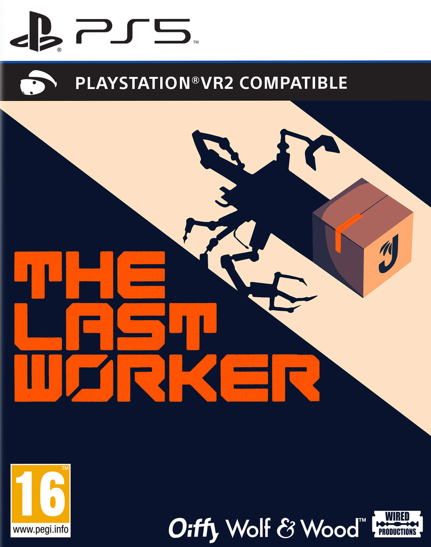 Okładka gry: The Last Worker, PS5. Przedstawia robota i pudełko na ciemnoniebieskim tle. Pomarańczowy tekst i ocena 16.