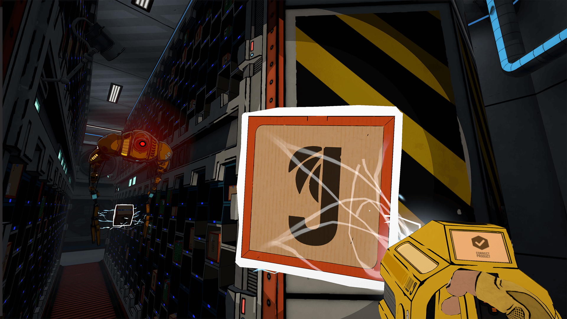 Robot w serwerowni. Ręka trzyma skaner w pobliżu znaku z literą J. Czarno-żółte paski na drzwiach.