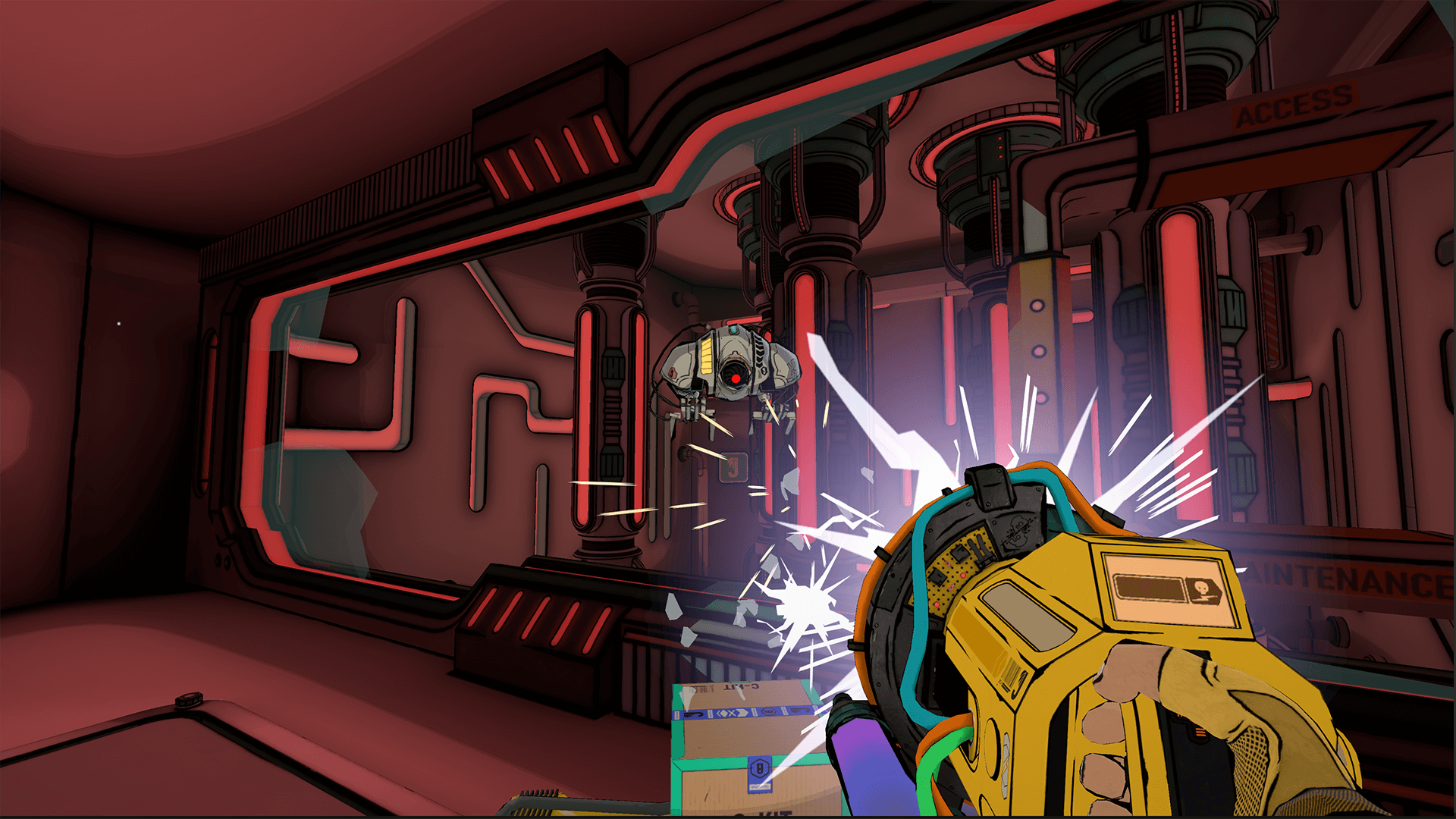 Żółty futurystyczny pistolet strzela. Robot i podświetlana na czerwono konstrukcja w tle. Scena rozgrywa się w czerwonym pokoju.