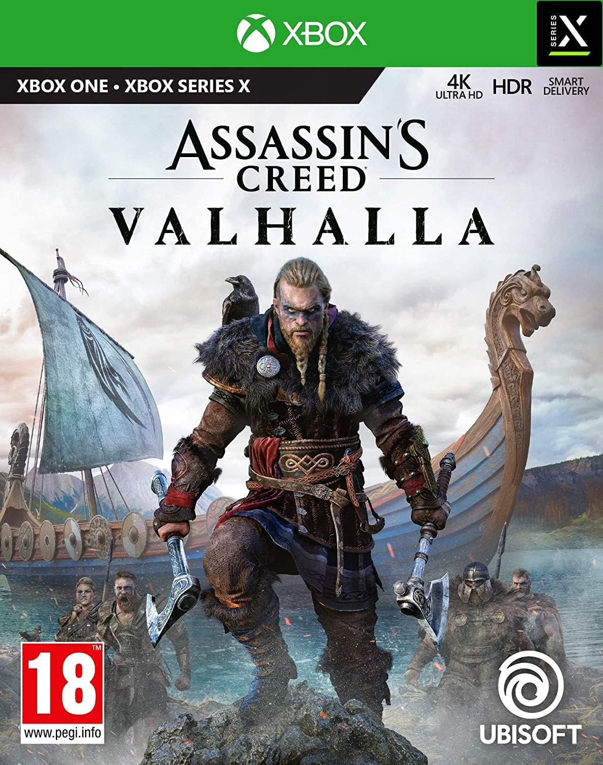 Okładka Assassin's Creed Valhalla. Wiking trzyma topory. Długi statek w tle. Logo Xbox u góry.