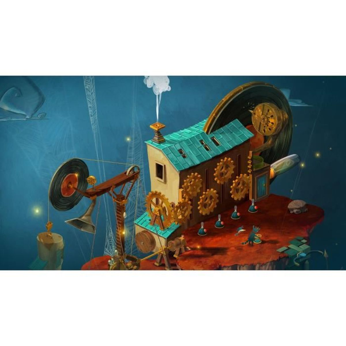 Kapryśna ilustracja przedstawia dom z kołami zębatymi, płytą i dźwigiem. Osadzona na czerwonej wyspie na tle niebieskiego nieba, z innymi obiektami.