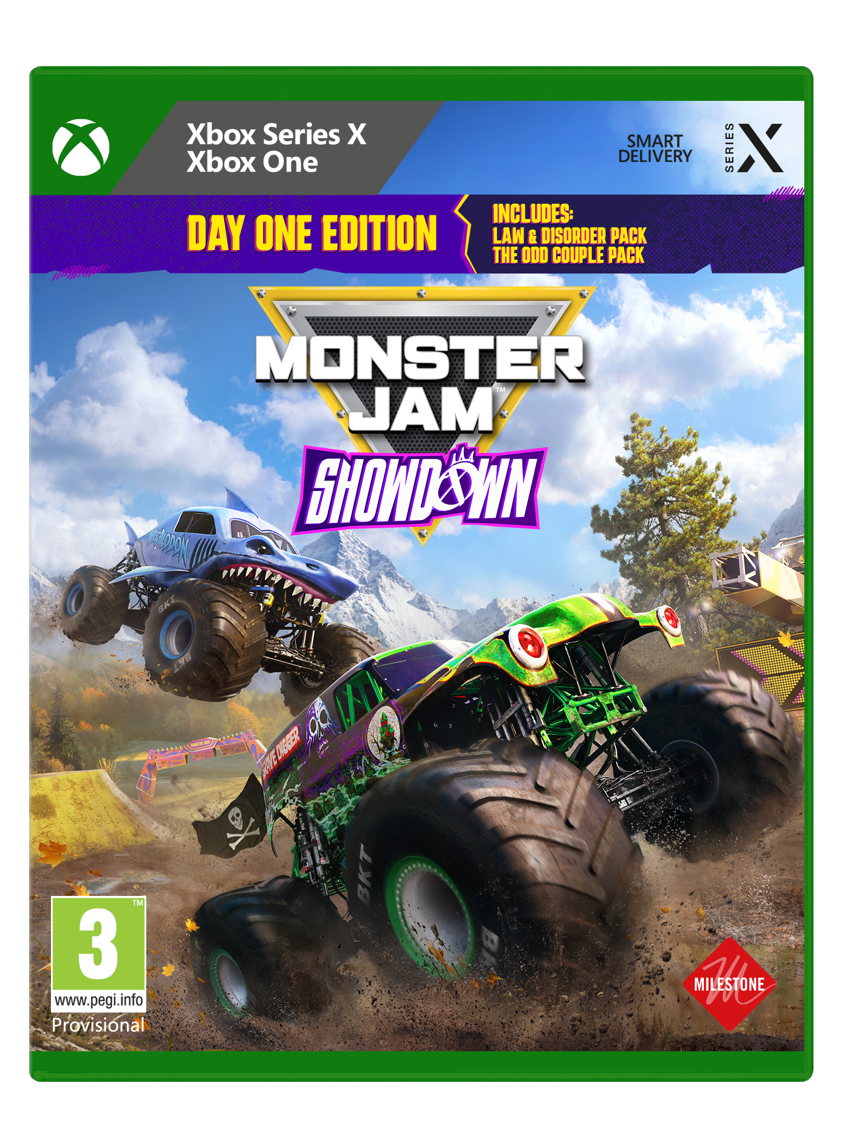 Okładka gry Monster Jam Showdown. Dwa monster trucki skaczą w powietrzu. Jeden ma motyw rekina, drugi jest zielony.