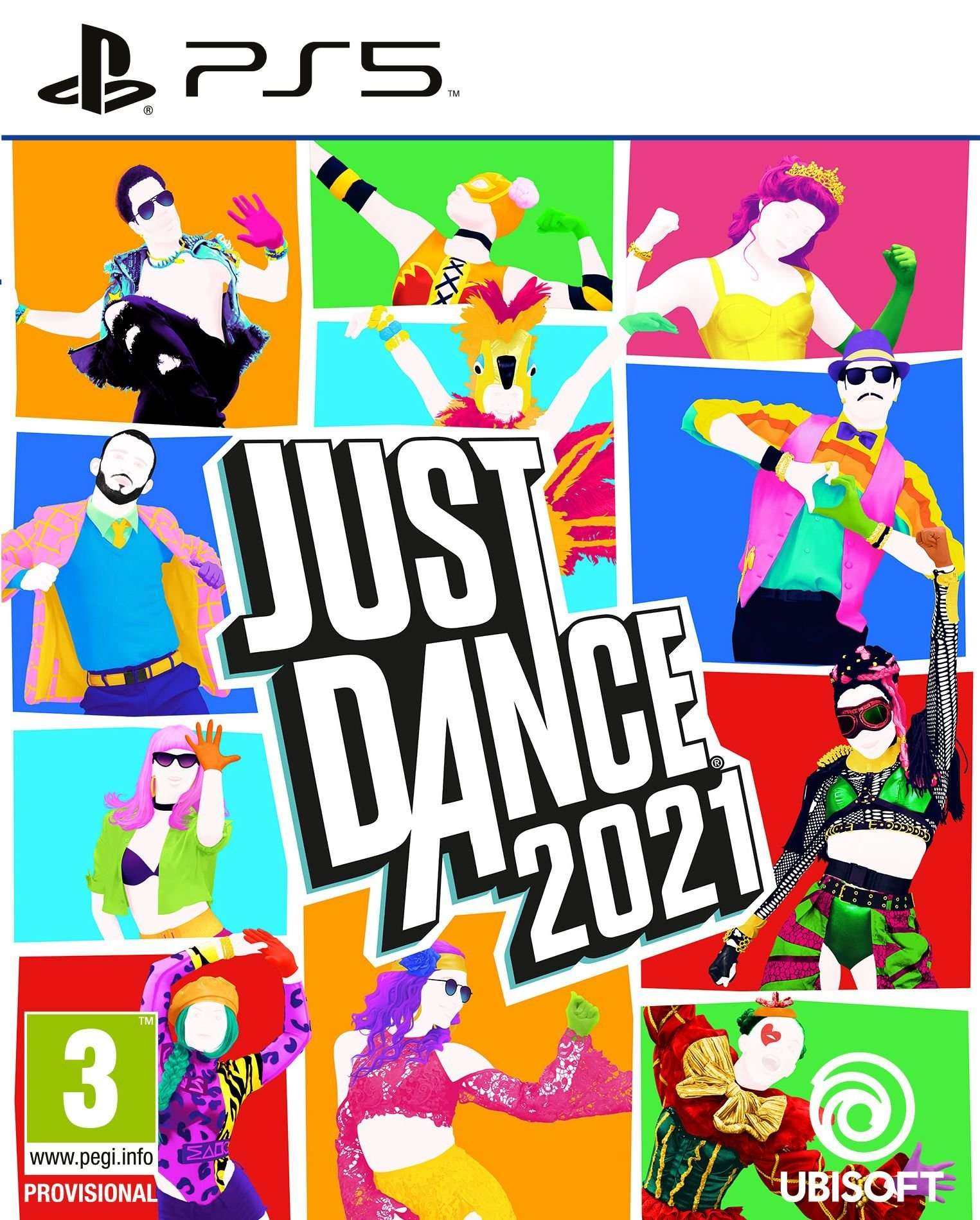 Okładka Just Dance 2021 z kolorowymi tancerzami i logo gry. Logo PS5 na górze.