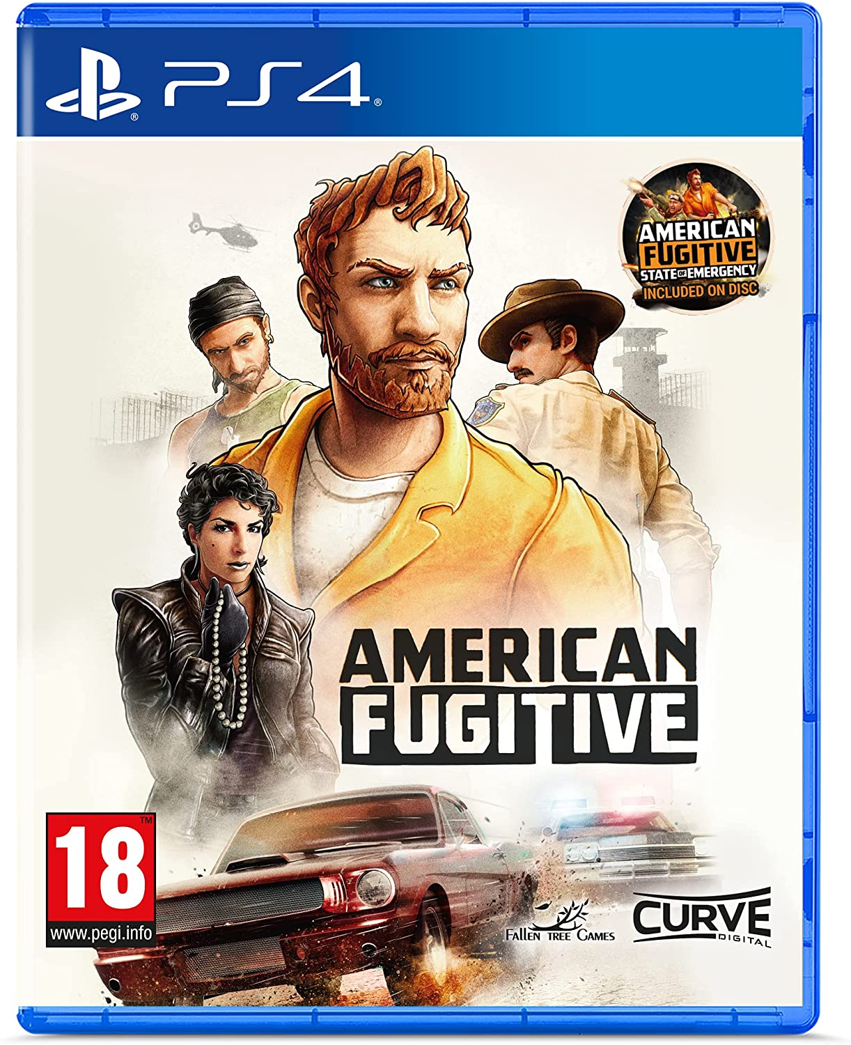 Okładka gry PS4 'American Fugitive'. Przedstawia mężczyznę, pościg samochodowy i tytuł gry. Zawiera ocenę wiekową i logo.